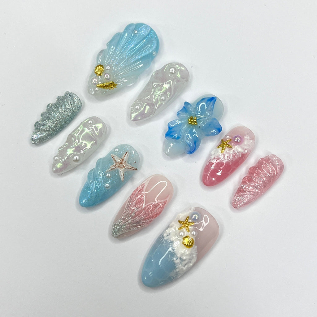 Mermaid Tail & Flowers Summer Inspired Press On Nails, 3D Ocean Theme Fake Nail Art, Unique Design Nail for Summer Holiday Vacation Event