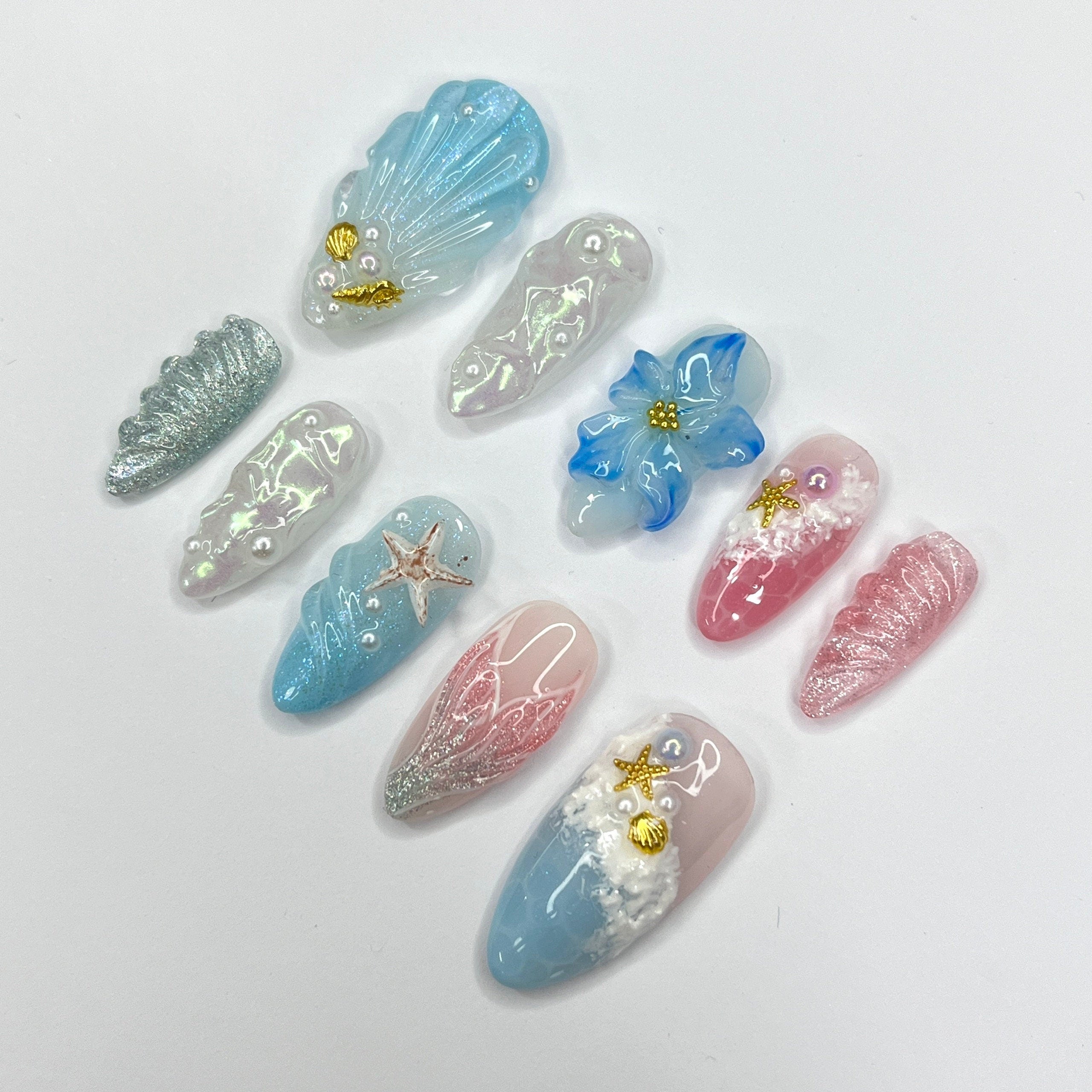 Mermaid Tail & Flowers Summer Inspired Press On Nails, 3D Ocean Theme Fake Nail Art, Unique Design Nail for Summer Holiday Vacation Event
