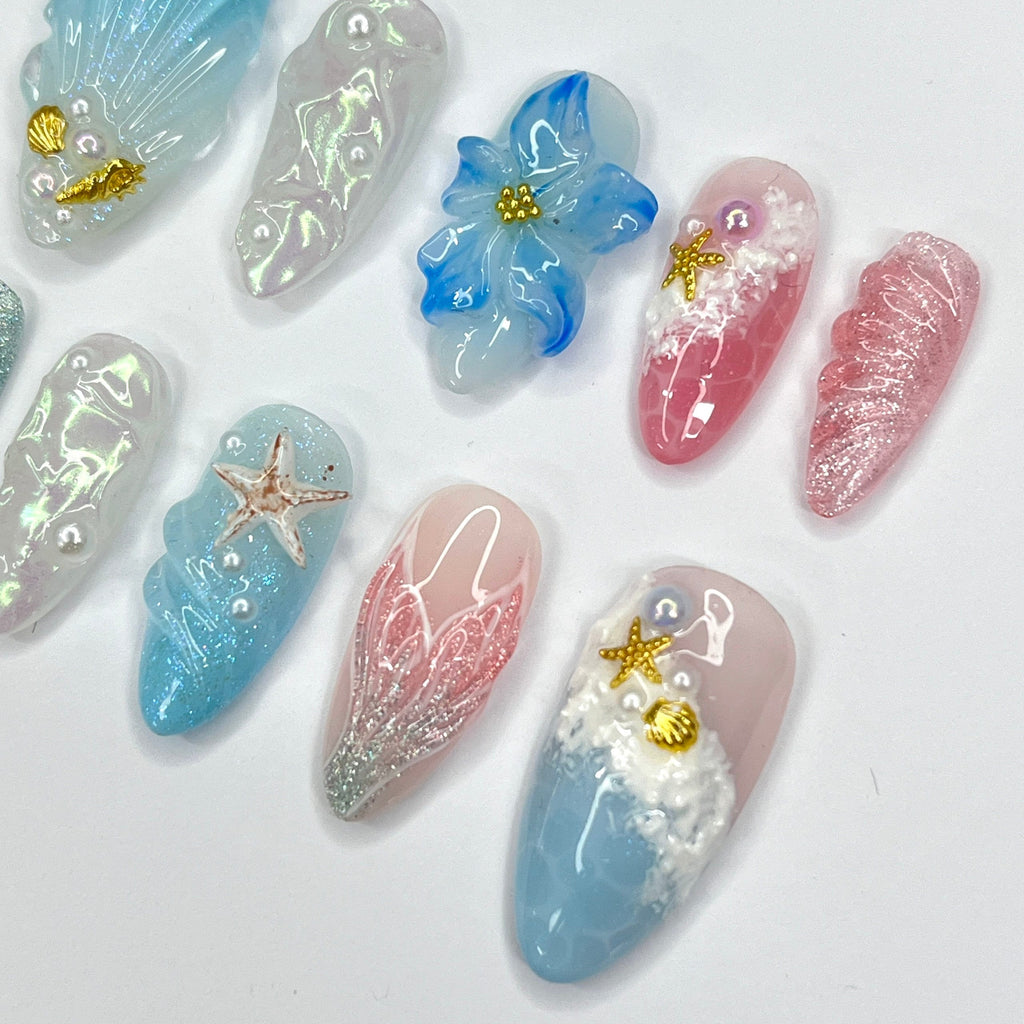 Mermaid Tail & Flowers Summer Inspired Press On Nails, 3D Ocean Theme Fake Nail Art, Unique Design Nail for Summer Holiday Vacation Event