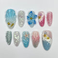 Mermaid Tail & Flowers Summer Inspired Press On Nails, 3D Ocean Theme Fake Nail Art, Unique Design Nail for Summer Holiday Vacation Event