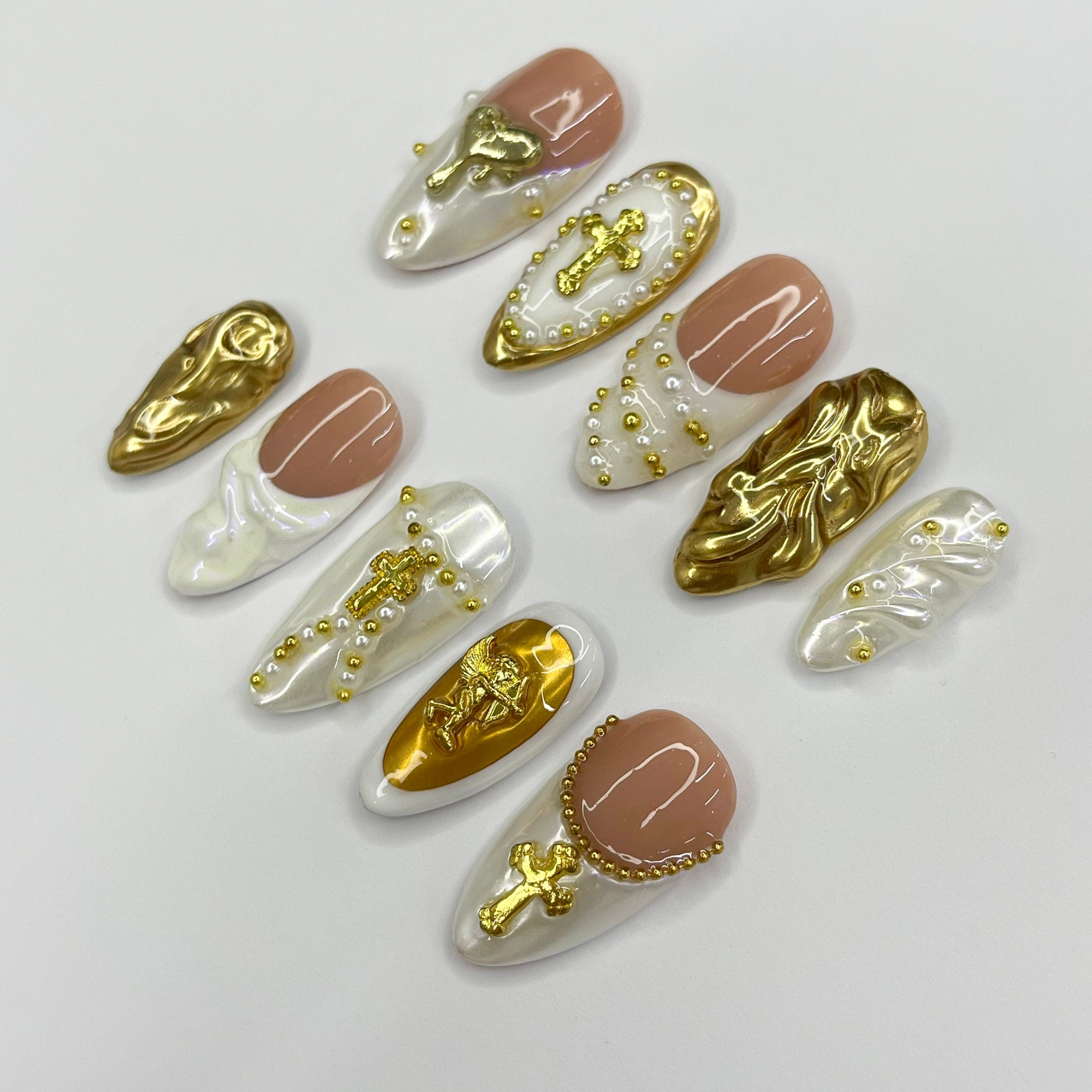 Cupid With White French Tip Gold Accent Medium Almond Handmade Press On Nail, Custom Made False Nails, Holiday Vacation Prom Nails