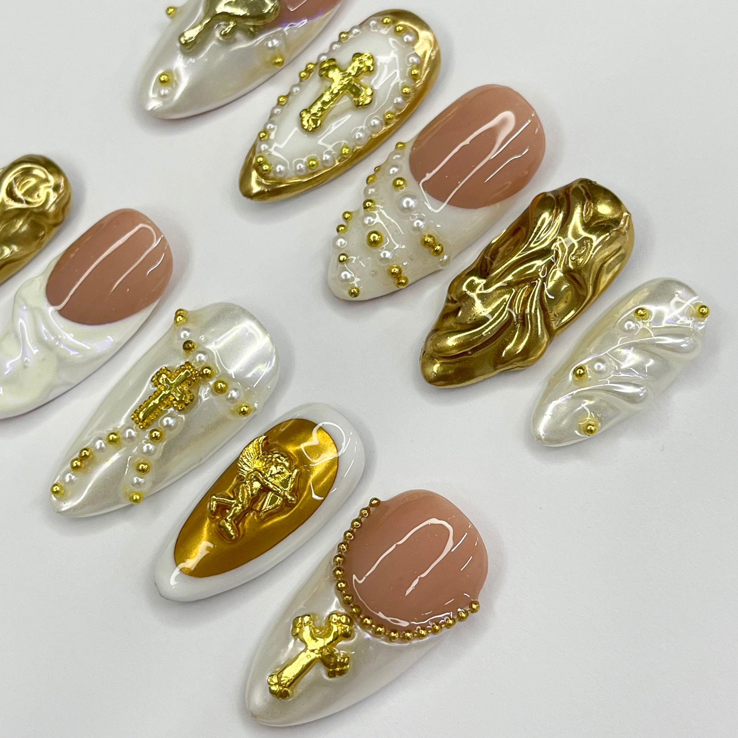 Cupid With White French Tip Gold Accent Medium Almond Handmade Press On Nail, Custom Made False Nails, Holiday Vacation Prom Nails