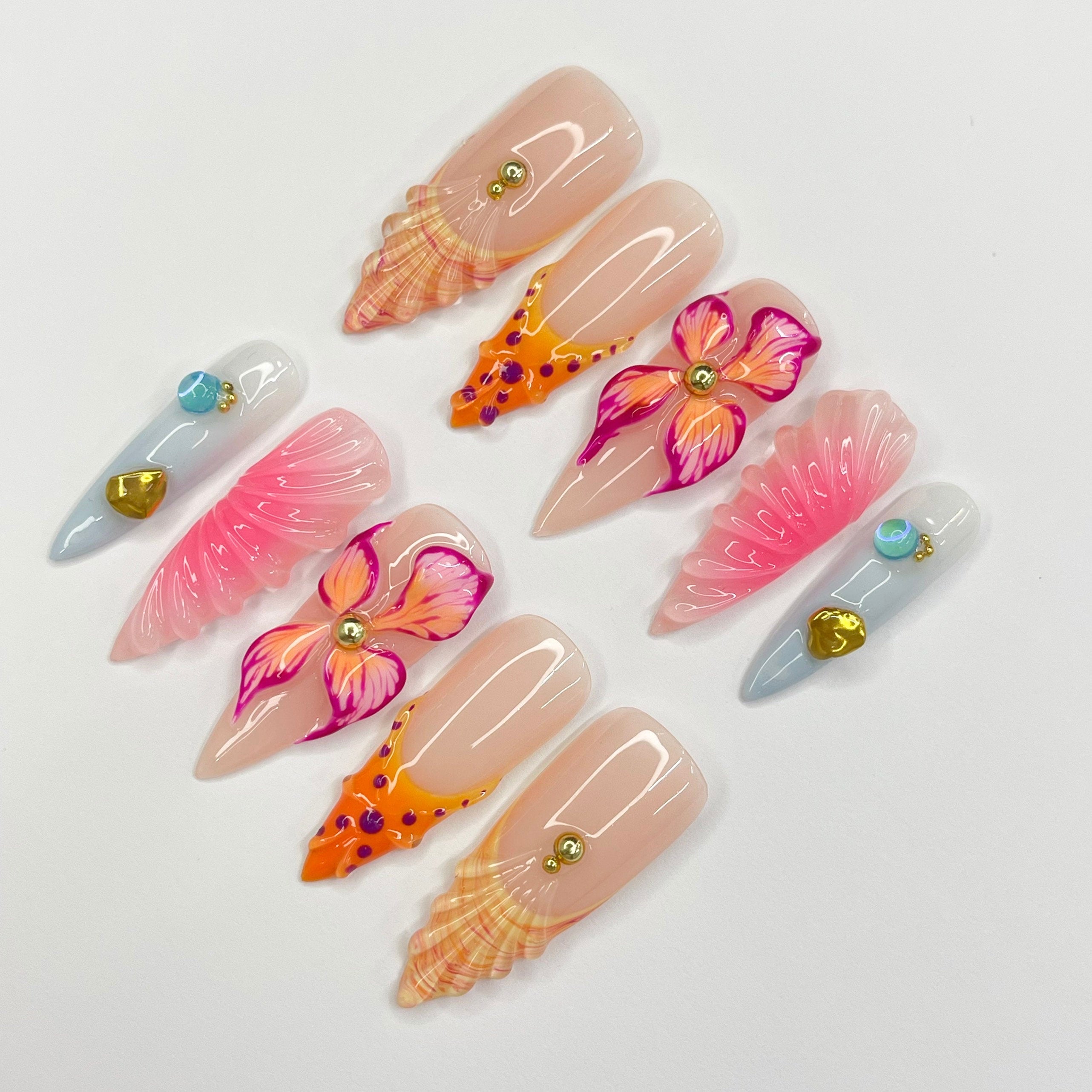 3D Flower With Seashell French Tip Long Almond Press On Nails, Unique Design Fake Nail Art, Beauitful Nail for Birthday Vacation Holiday