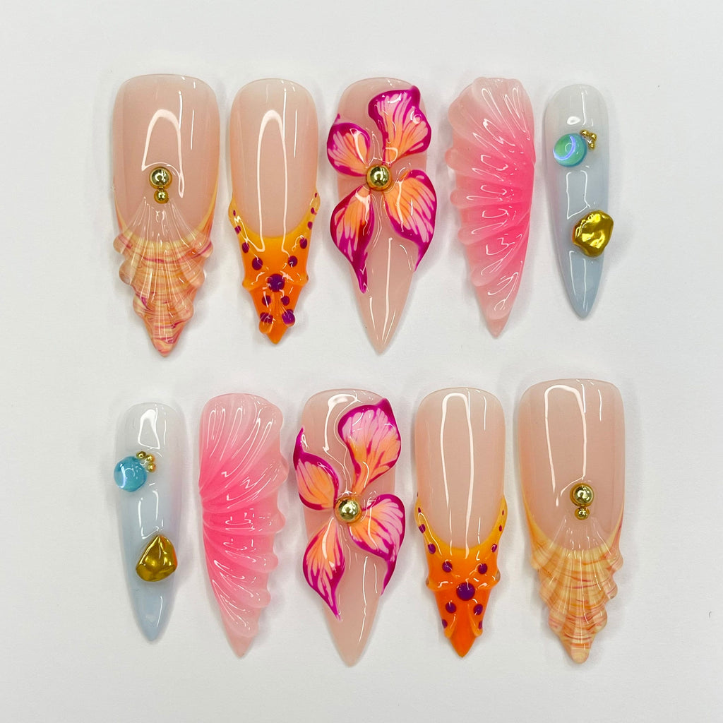3D Flower With Seashell French Tip Long Almond Press On Nails, Unique Design Fake Nail Art, Beauitful Nail for Birthday Vacation Holiday