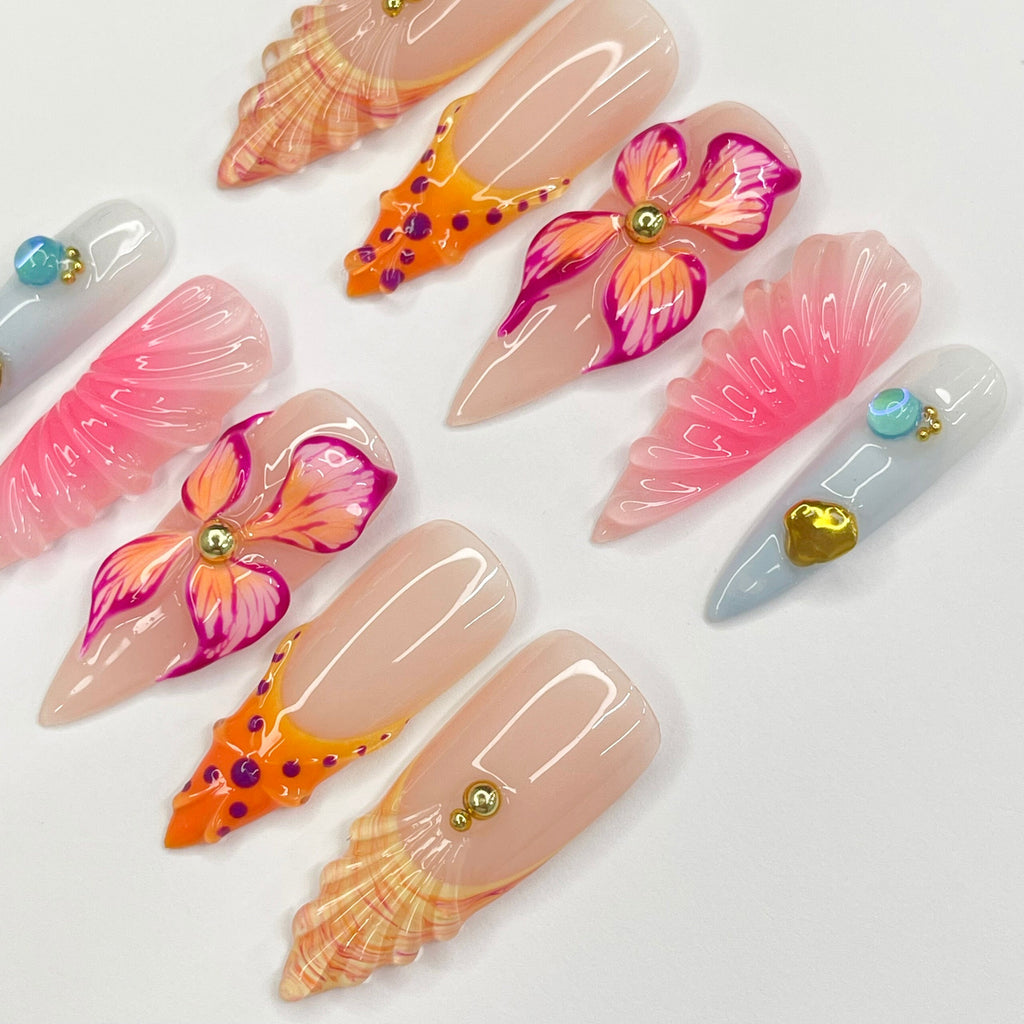 3D Flower With Seashell French Tip Long Almond Press On Nails, Unique Design Fake Nail Art, Beauitful Nail for Birthday Vacation Holiday