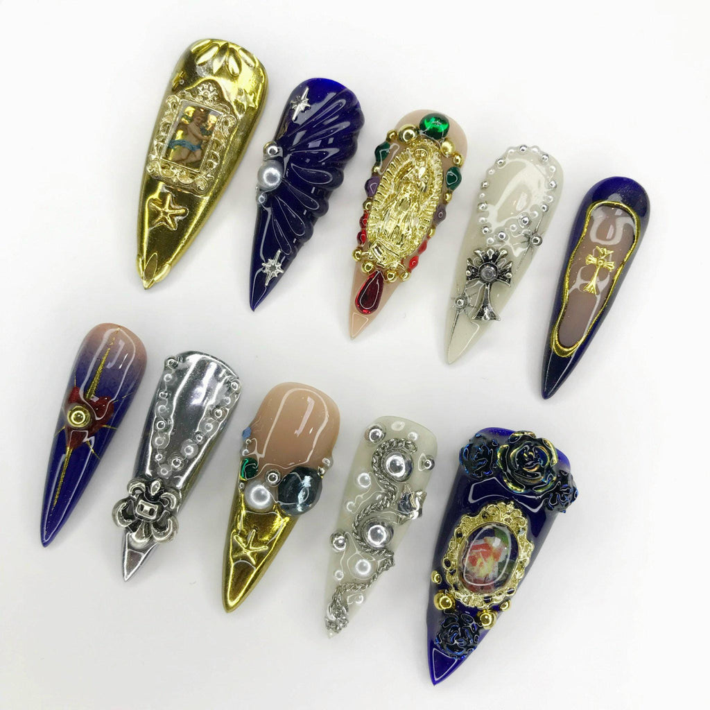 Elegant 3D Freestyl Gold Chrome Long Stiletto Press On Nail, Custom Design Nail Art, Fake Nail for Birthday, Holiday Nail, Gift For Her