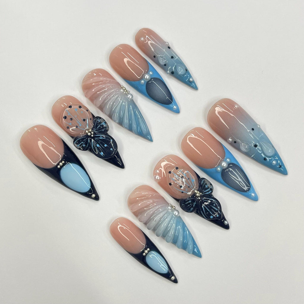 3D Gel With Blue French Tip Long Stiletto Press On Nail, Custom Design Nail Art, Fake Nail for Birthday, Holiday Nail, Gift For Her