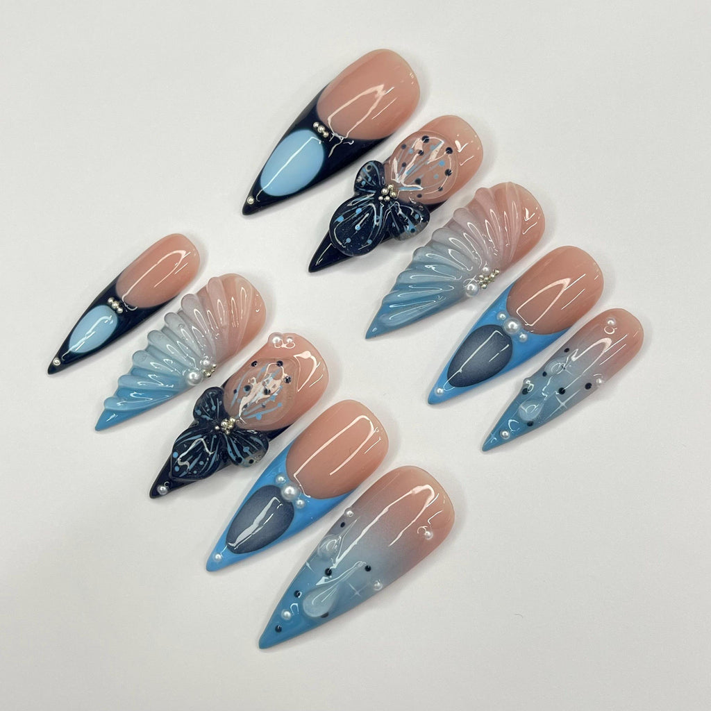 3D Gel With Blue French Tip Long Stiletto Press On Nail, Custom Design Nail Art, Fake Nail for Birthday, Holiday Nail, Gift For Her