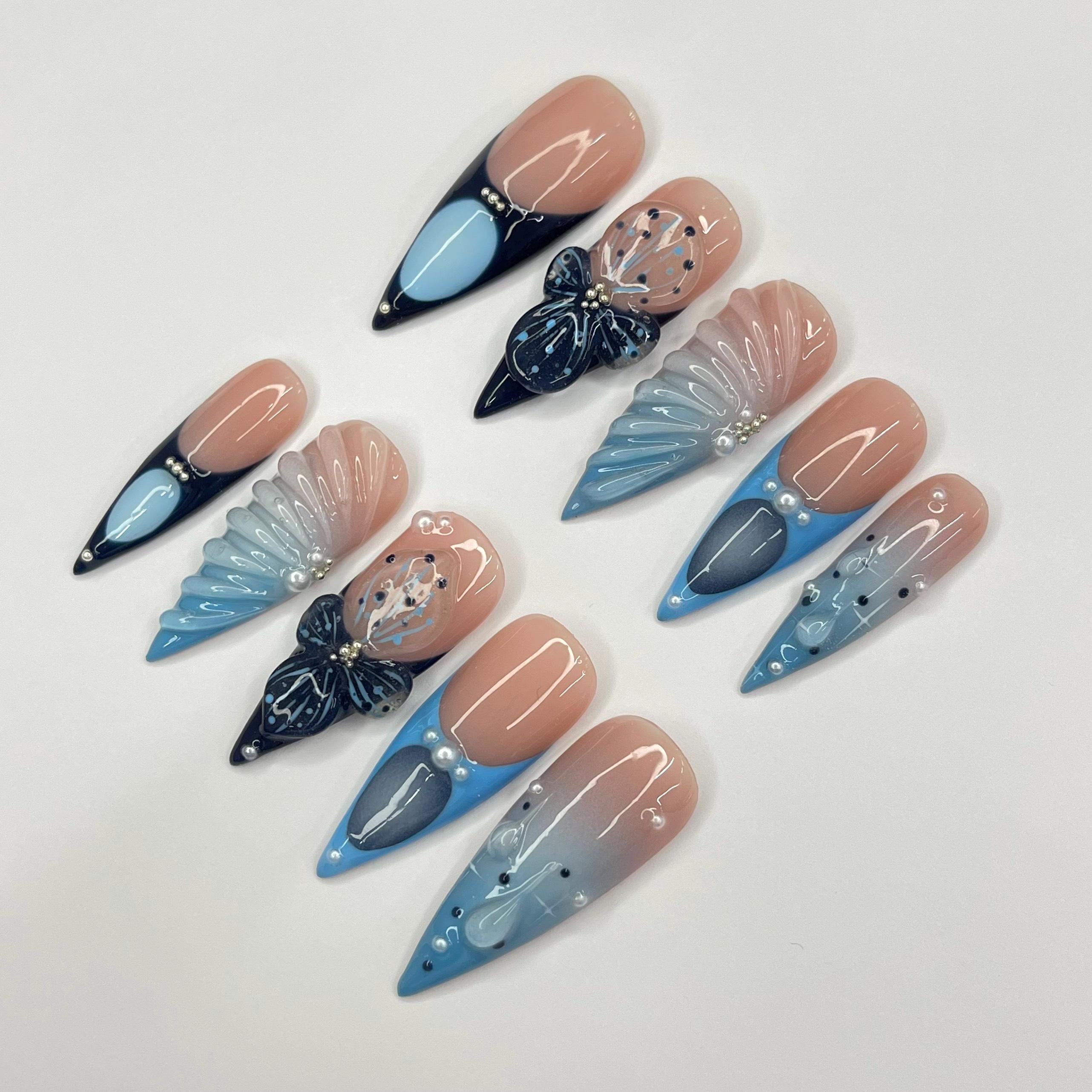 3D Gel With Blue French Tip Long Stiletto Press On Nail, Custom Design Nail Art, Fake Nail for Birthday, Holiday Nail, Gift For Her