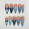 3D Gel With Blue French Tip Long Stiletto Press On Nail, Custom Design Nail Art, Fake Nail for Birthday, Holiday Nail, Gift For Her