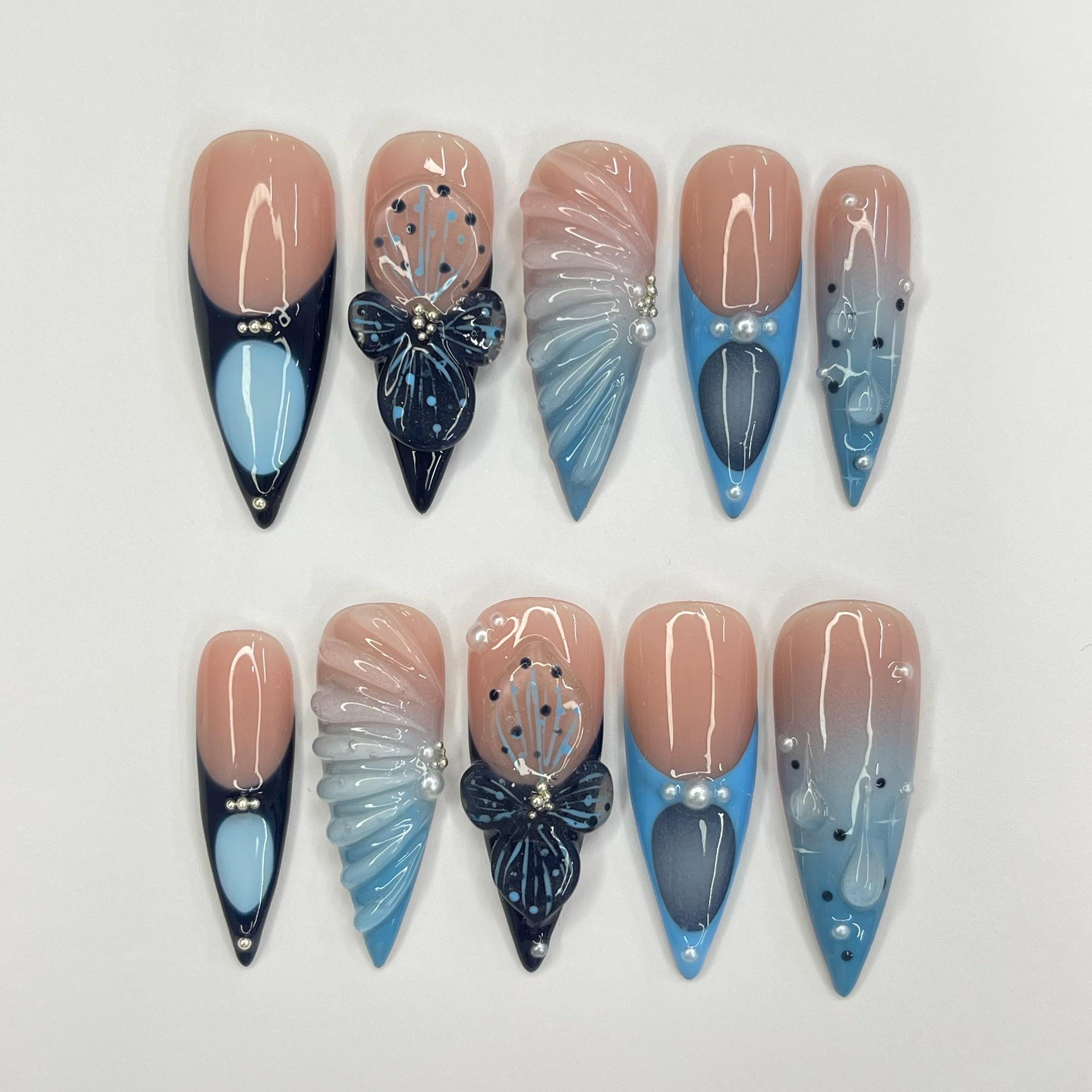 3D Gel With Blue French Tip Long Stiletto Press On Nail, Custom Design Nail Art, Fake Nail for Birthday, Holiday Nail, Gift For Her