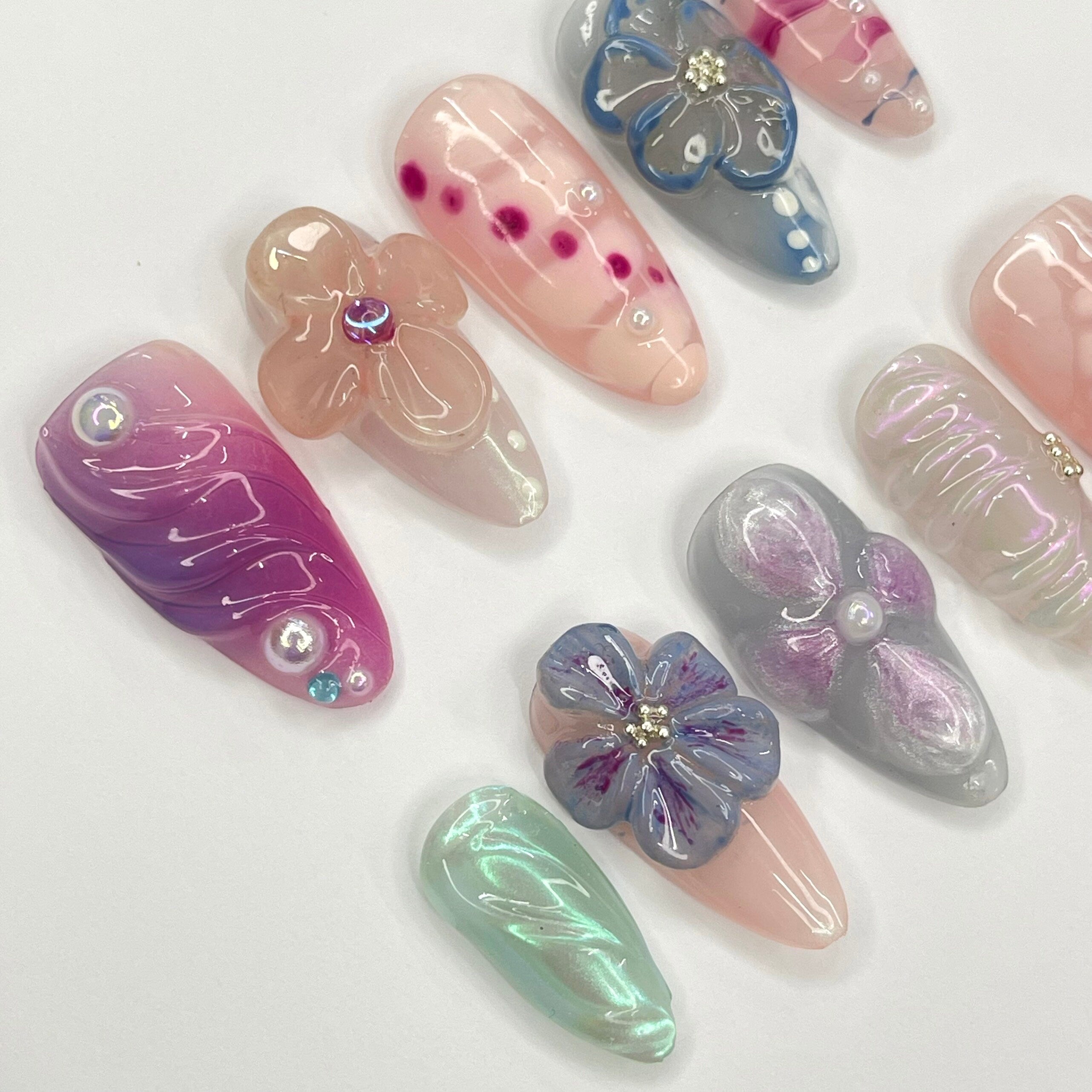 Fairy Dream Flower Garden Almond Press On Nails, 3D Gel Fairycore Fake Nails, Dreamy Nails for Birthday Vacation Holiday