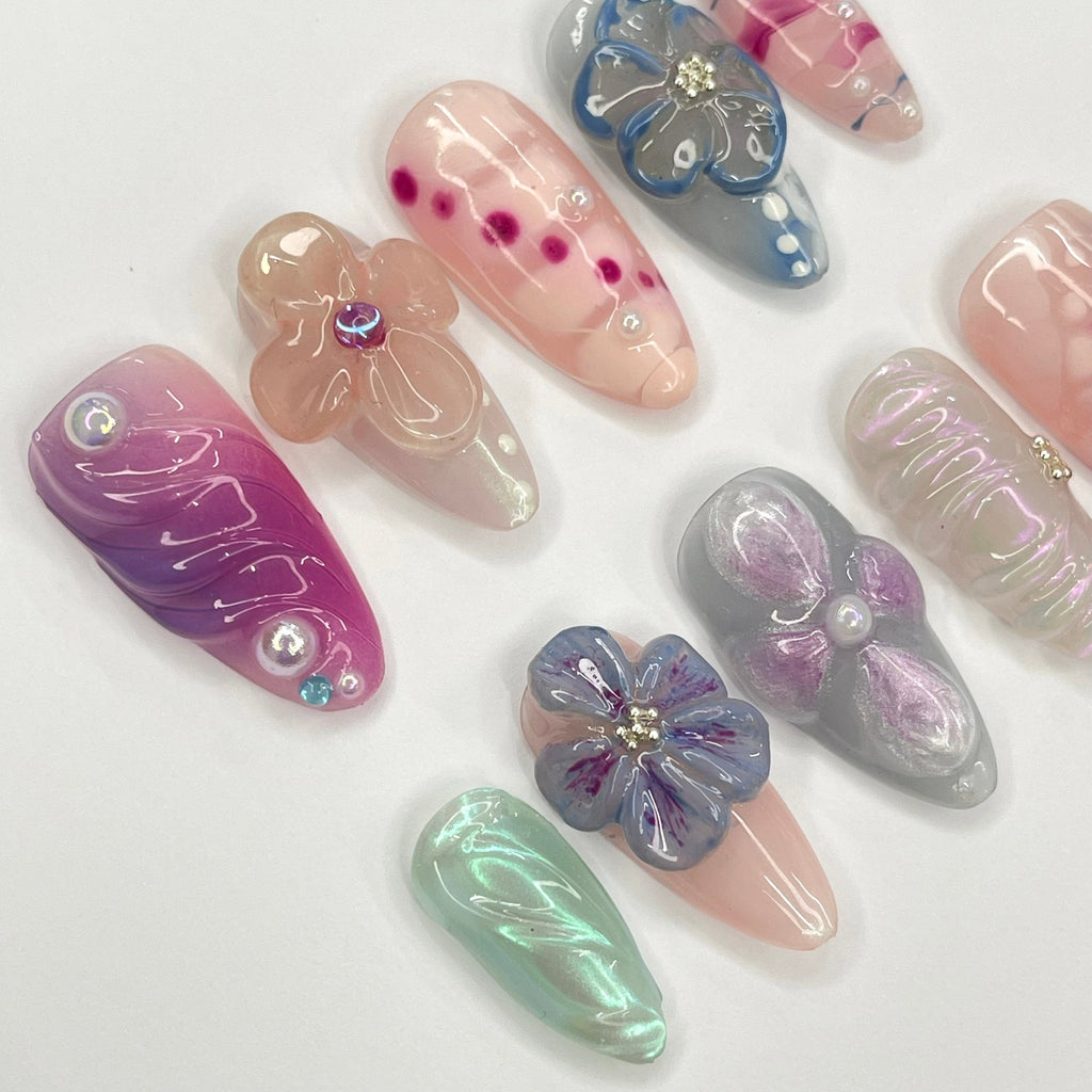 Fairy Dream Flower Garden Almond Press On Nails, 3D Gel Fairycore Fake Nails, Dreamy Nails for Birthday Vacation Holiday