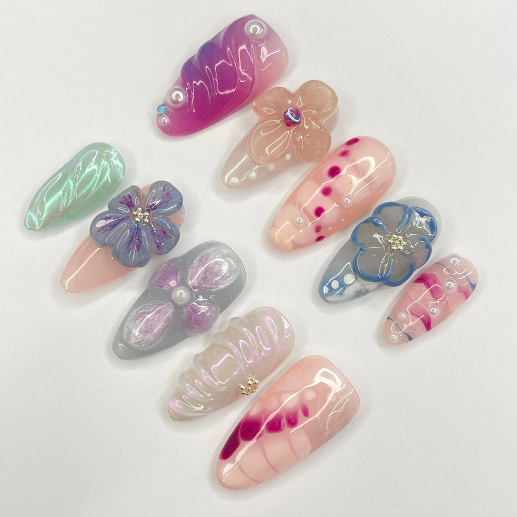 Fairy Dream Flower Garden Almond Press On Nails, 3D Gel Fairycore Fake Nails, Dreamy Nails for Birthday Vacation Holiday