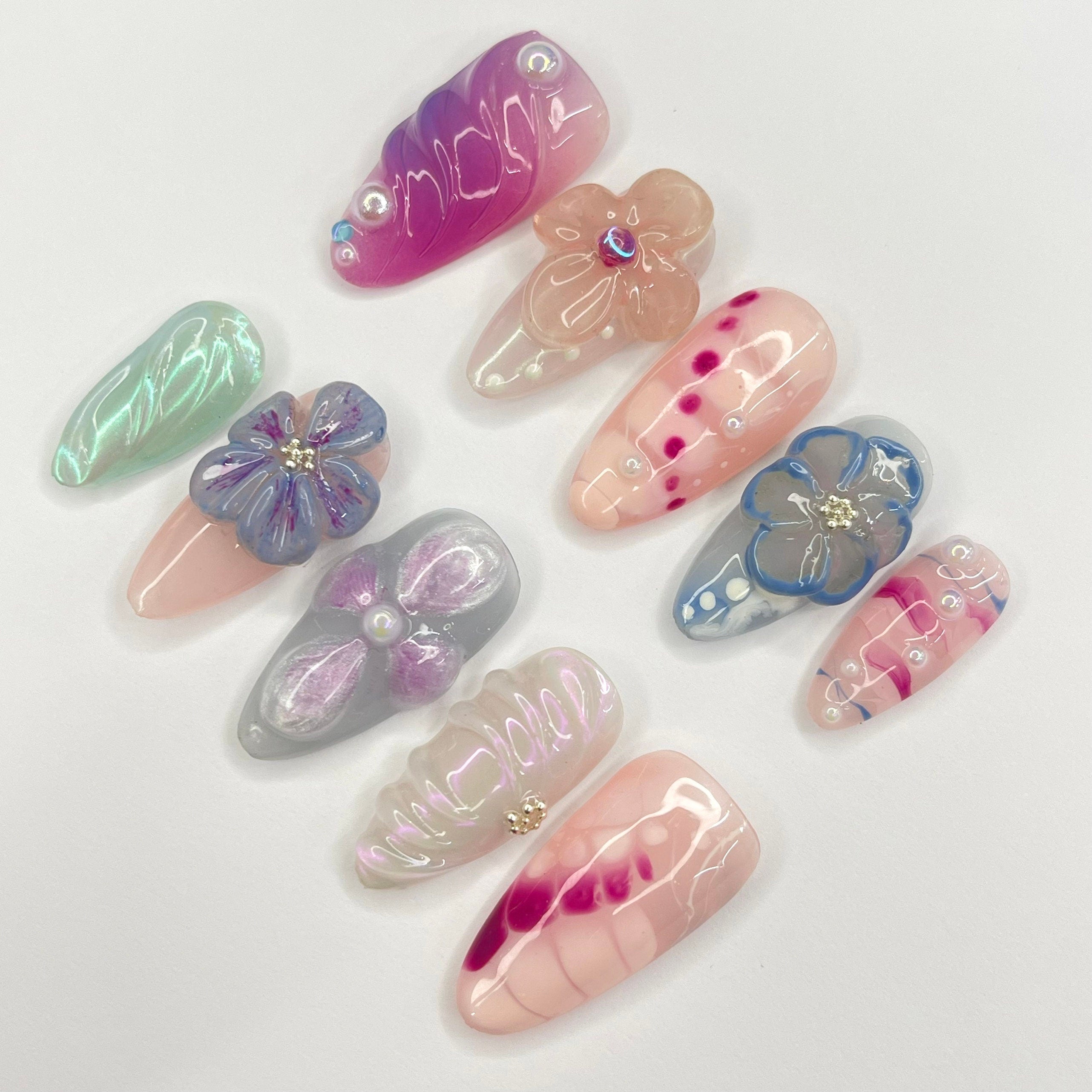 Fairy Dream Flower Garden Almond Press On Nails, 3D Gel Fairycore Fake Nails, Dreamy Nails for Birthday Vacation Holiday