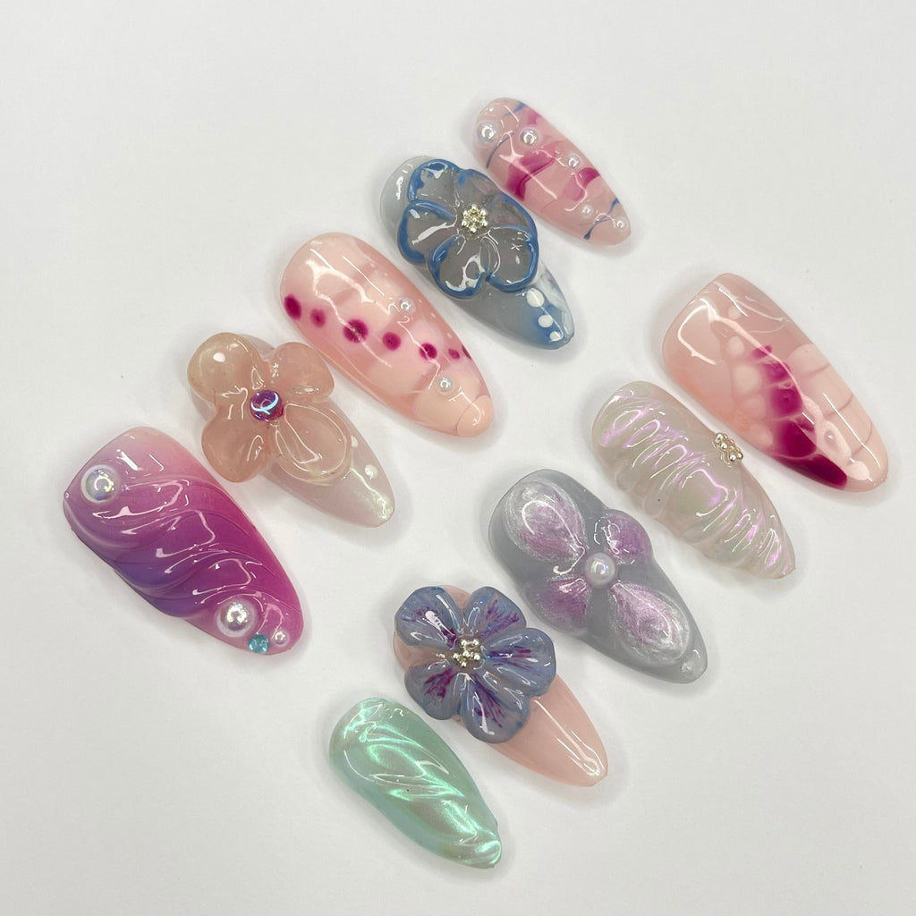Fairy Dream Flower Garden Almond Press On Nails, 3D Gel Fairycore Fake Nails, Dreamy Nails for Birthday Vacation Holiday
