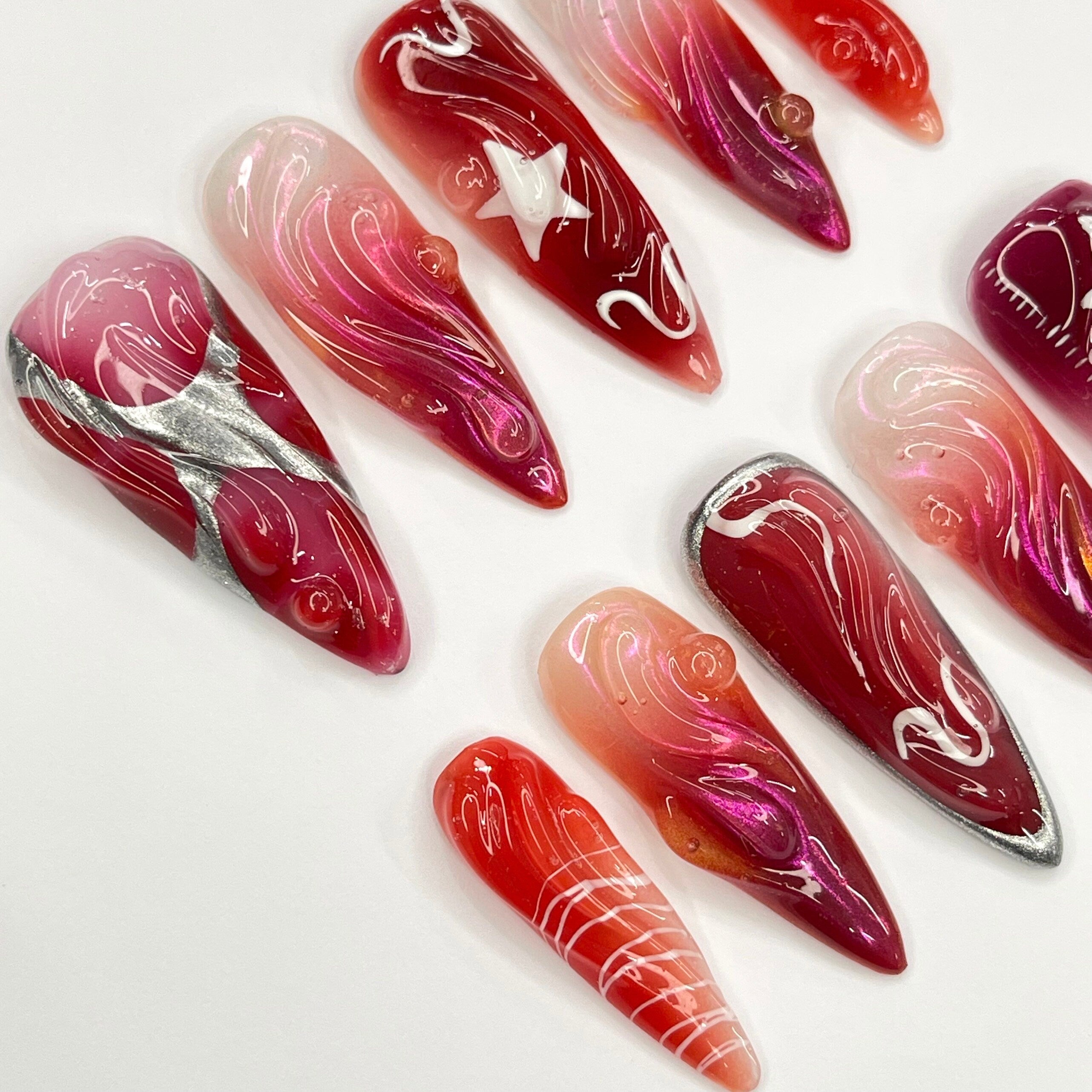 Red 3D Gel With Silver Star Long Almond Press On Nails, 3D Gel Fairycore Fake Nails, Dreamy Nails for Birthday Vacation Holiday