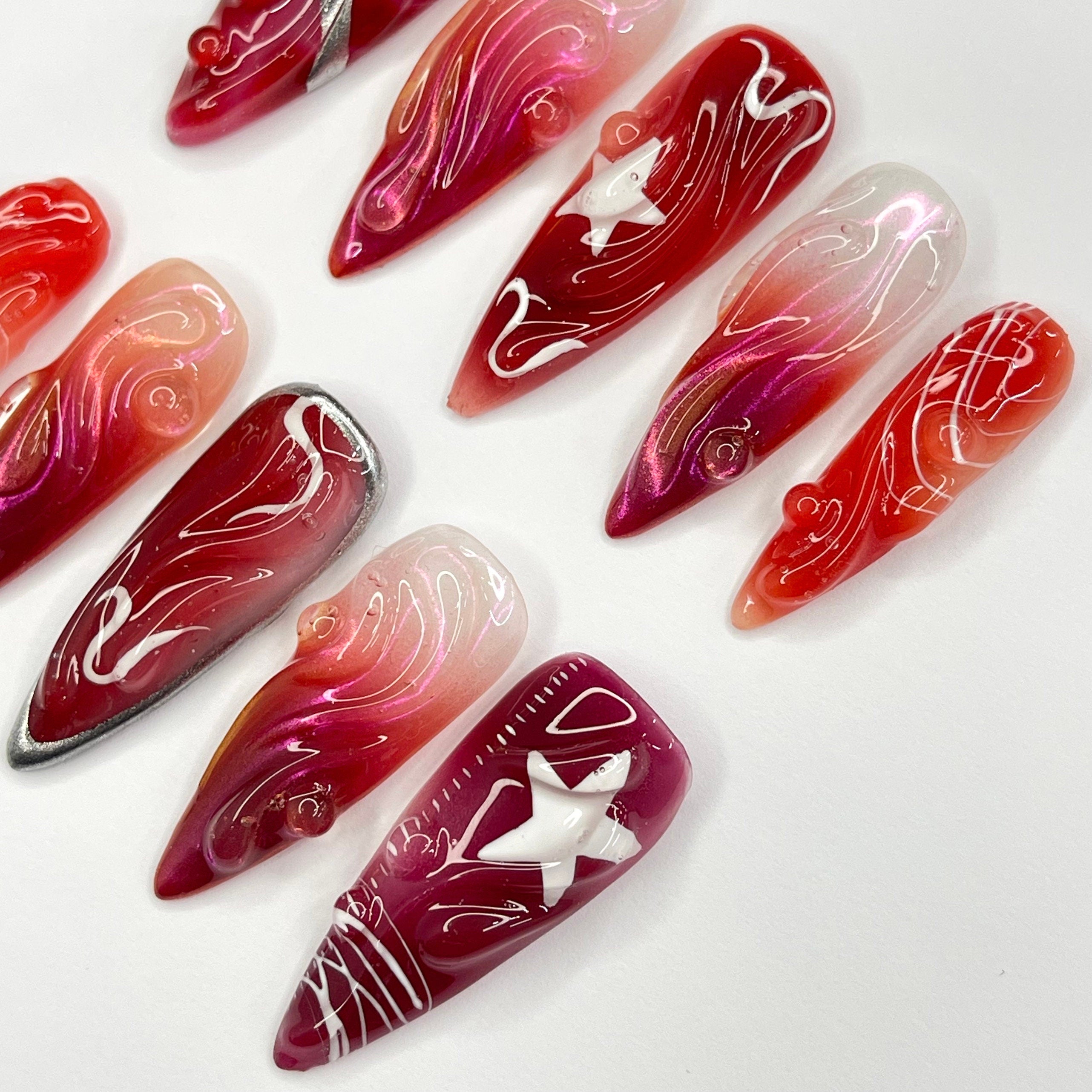 Red 3D Gel With Silver Star Long Almond Press On Nails, 3D Gel Fairycore Fake Nails, Dreamy Nails for Birthday Vacation Holiday