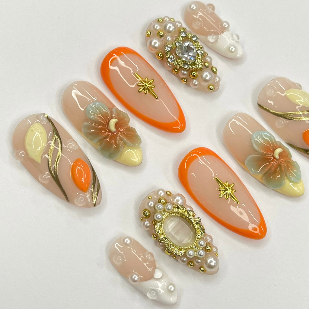 3D Flower FreeStyle Medium Almond Press On Nails, 3D Gel Fairycore Fake Nails, Dreamy Nails for Birthday Vacation Holiday