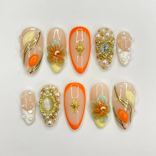 3D Flower FreeStyle Medium Almond Press On Nails, 3D Gel Fairycore Fake Nails, Dreamy Nails for Birthday Vacation Holiday