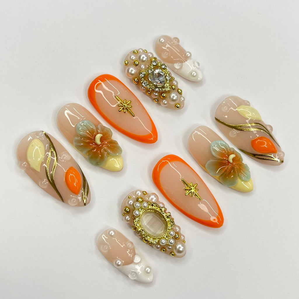 3D Flower FreeStyle Medium Almond Press On Nails, 3D Gel Fairycore Fake Nails, Dreamy Nails for Birthday Vacation Holiday