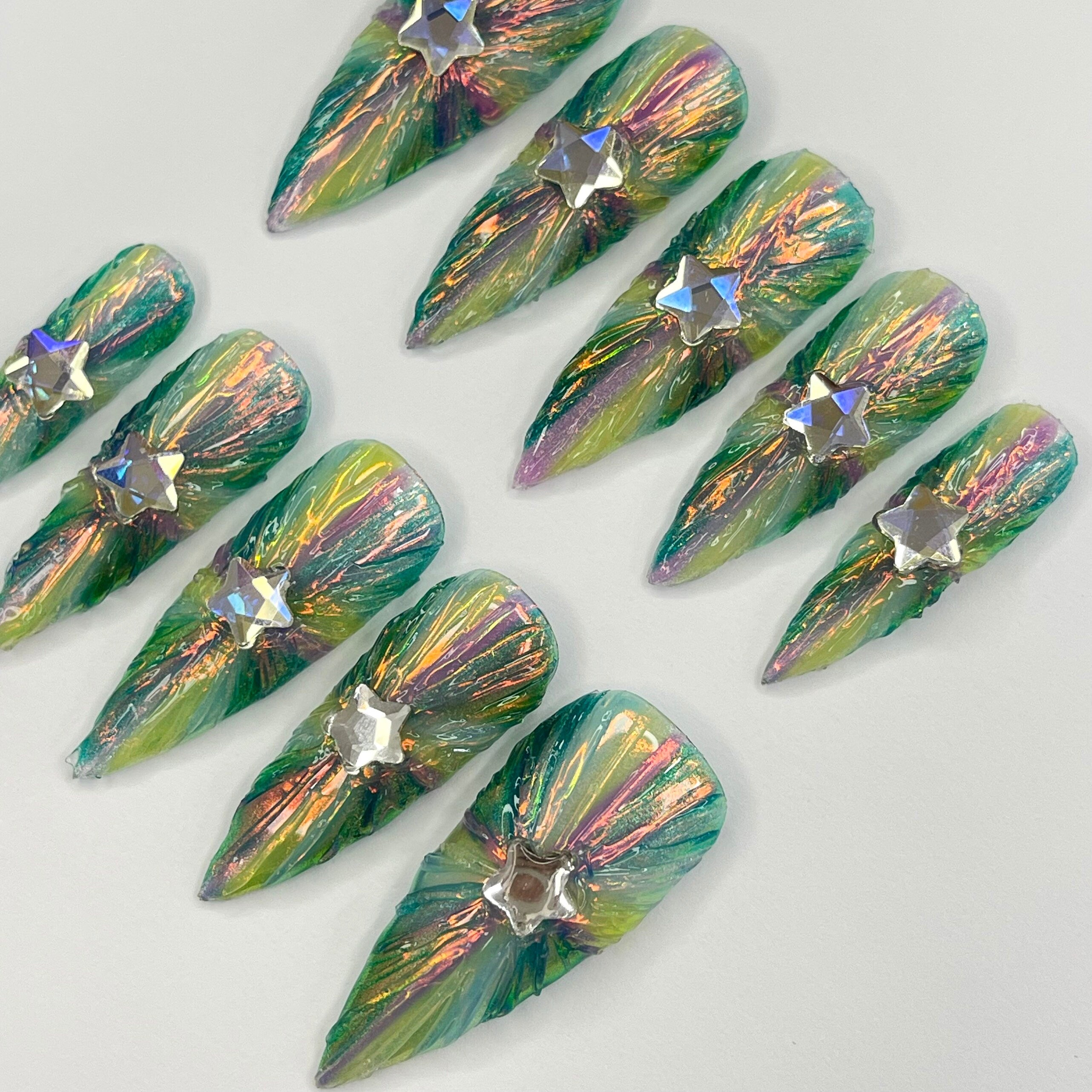 Colorful light Long Stiletto Press On Nails, 3D Gel Fairycore Fake Nails, Dreamy Nails for Birthday Vacation Holiday