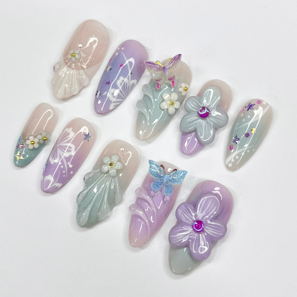 Flower Garden Medium Almond Press On Nails, 3D Flower Theme Fake Nail Art, Unique Design Nail for Summer Holiday Vacation Event