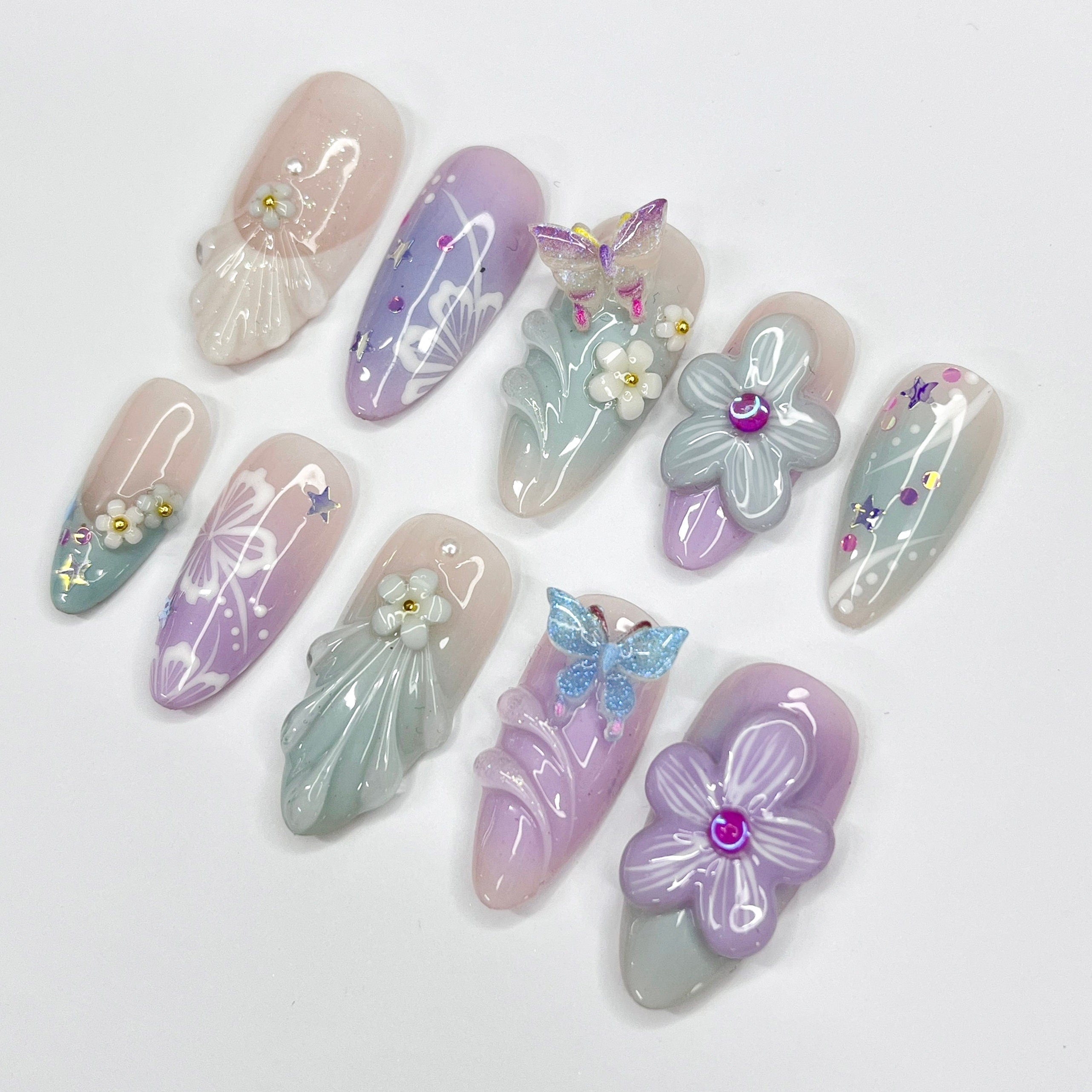 Flower Garden Medium Almond Press On Nails, 3D Flower Theme Fake Nail Art, Unique Design Nail for Summer Holiday Vacation Event