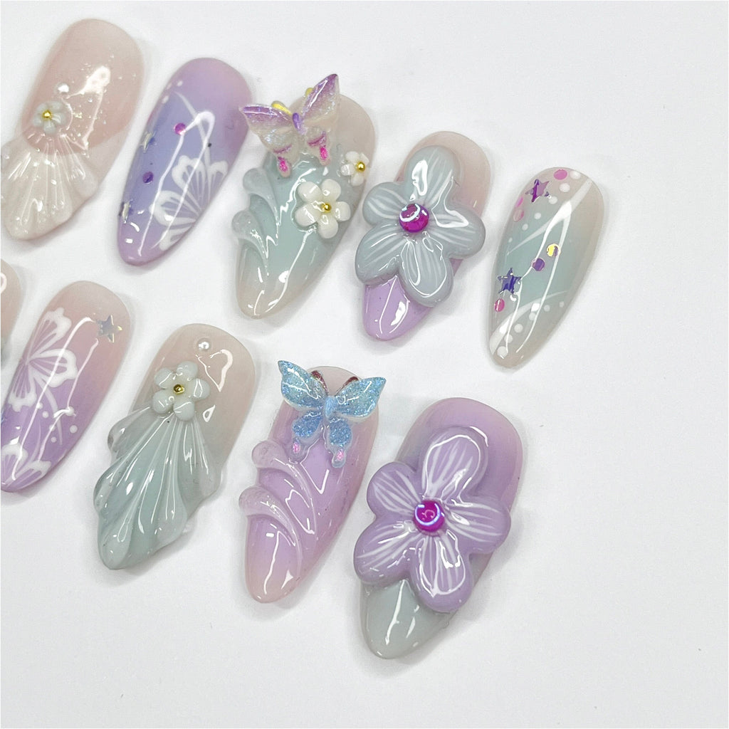 Flower Garden Medium Almond Press On Nails, 3D Flower Theme Fake Nail Art, Unique Design Nail for Summer Holiday Vacation Event