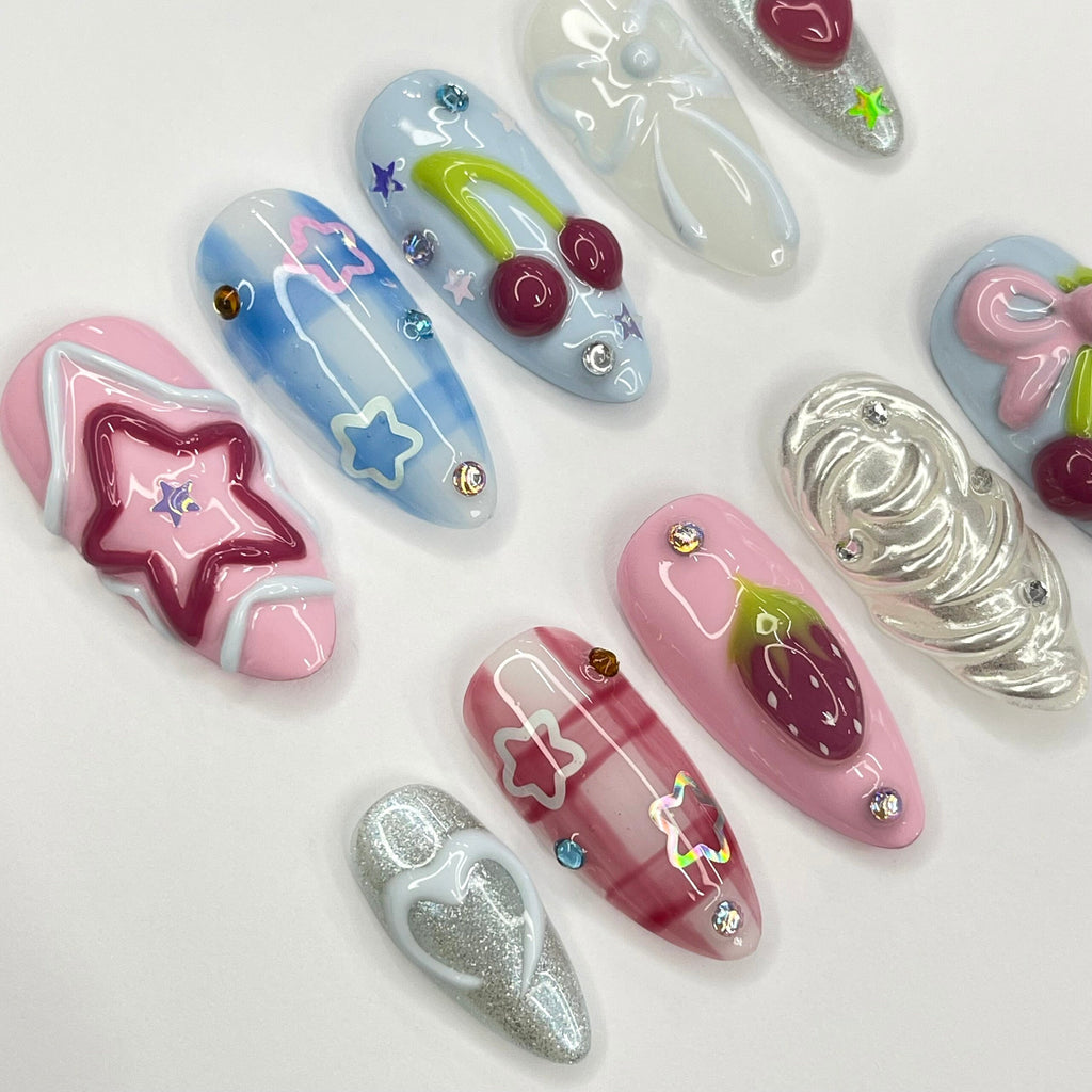 Strawberry Berry Pinnky Almond Press On Nails, 3D Gel Fairycore Fake Nails, Dreamy Nails for Birthday Vacation Holiday