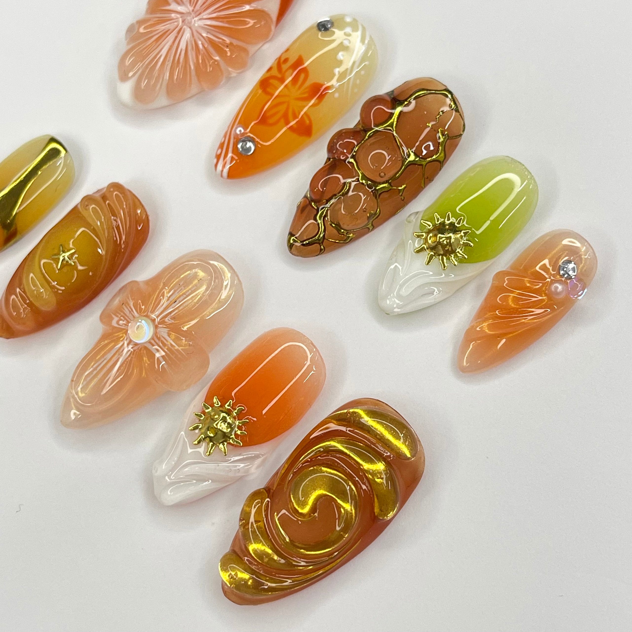Sunset With Orange Fruit & 3D Flower Almond Press On Nails, 3D Gel Fairycore Fake Nails, Dreamy Nails for Birthday Vacation Holiday