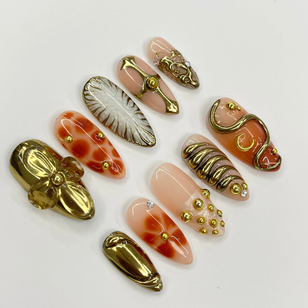 3D Flower With Gold Accent Freestyle Almond Press On Nails, 3D Gel Fairycore Fake Nails, Dreamy Nails for Birthday Vacation Holiday