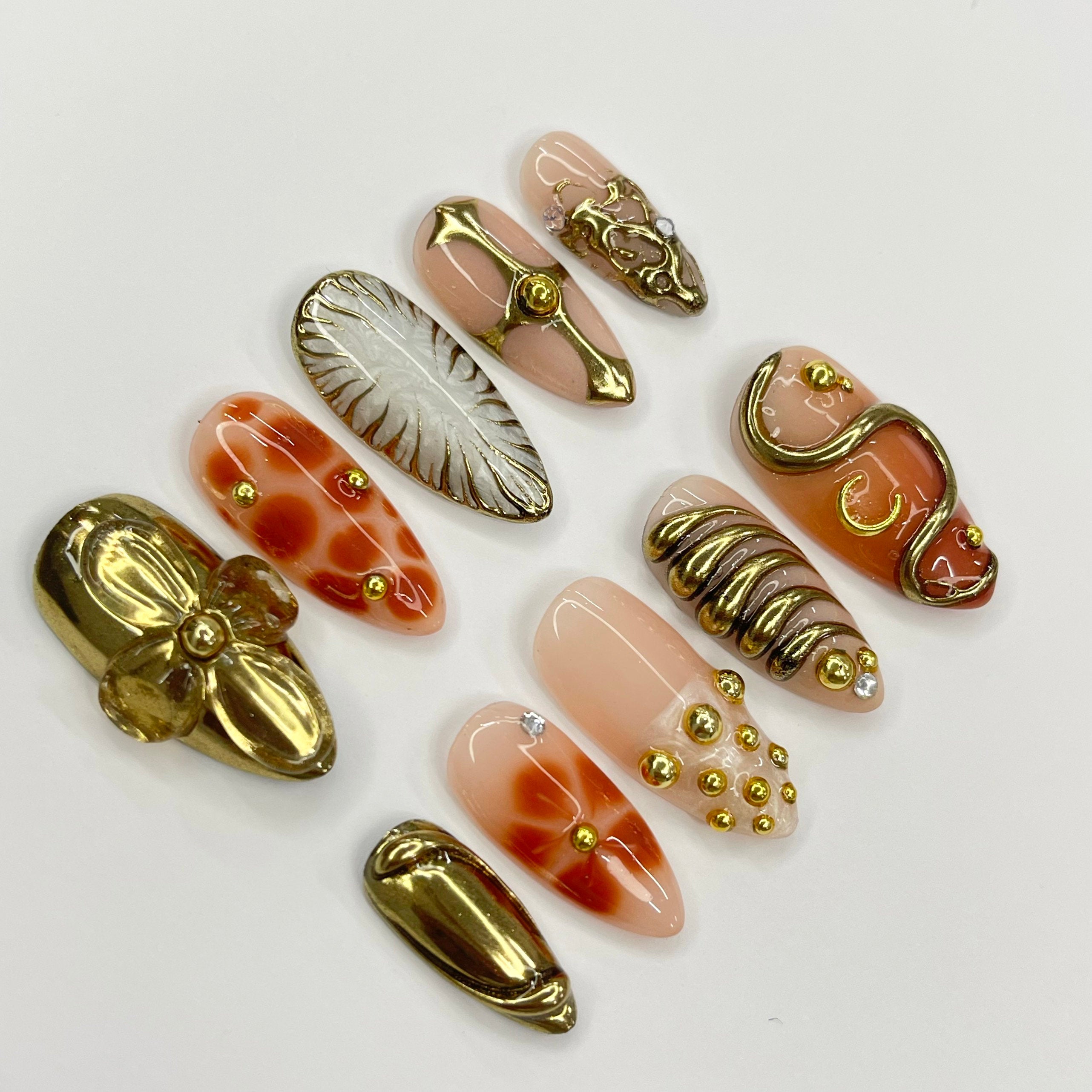 3D Flower With Gold Accent Freestyle Almond Press On Nails, 3D Gel Fairycore Fake Nails, Dreamy Nails for Birthday Vacation Holiday