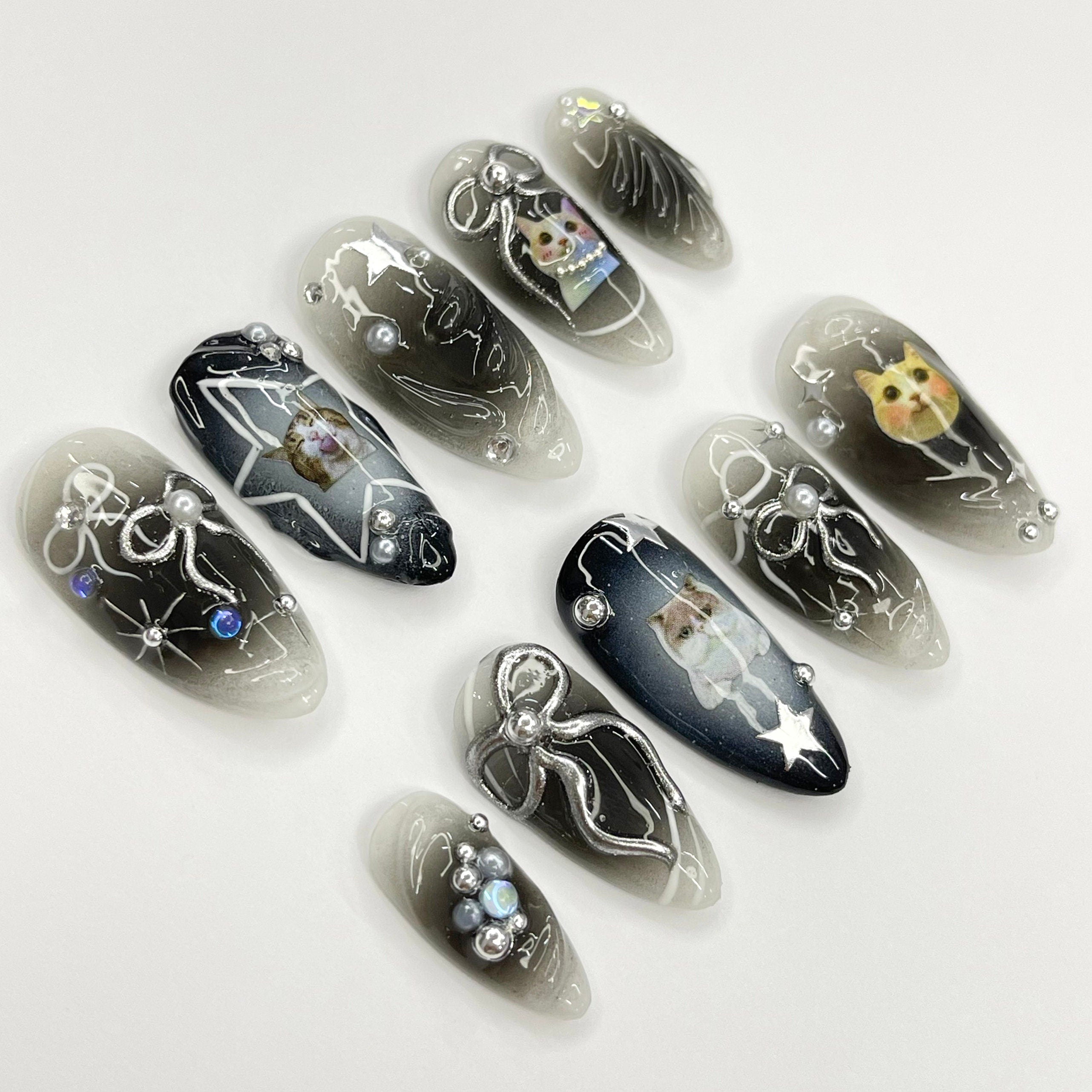 Black Cat Aura Medium Almond Press On Nails, 3D Gel Fairycore Fake Nails, Dreamy Nails for Birthday Vacation Holiday