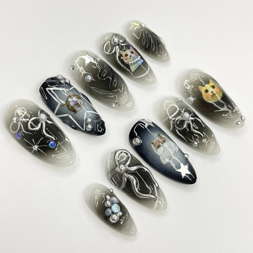 Black Cat Aura Medium Almond Press On Nails, 3D Gel Fairycore Fake Nails, Dreamy Nails for Birthday Vacation Holiday