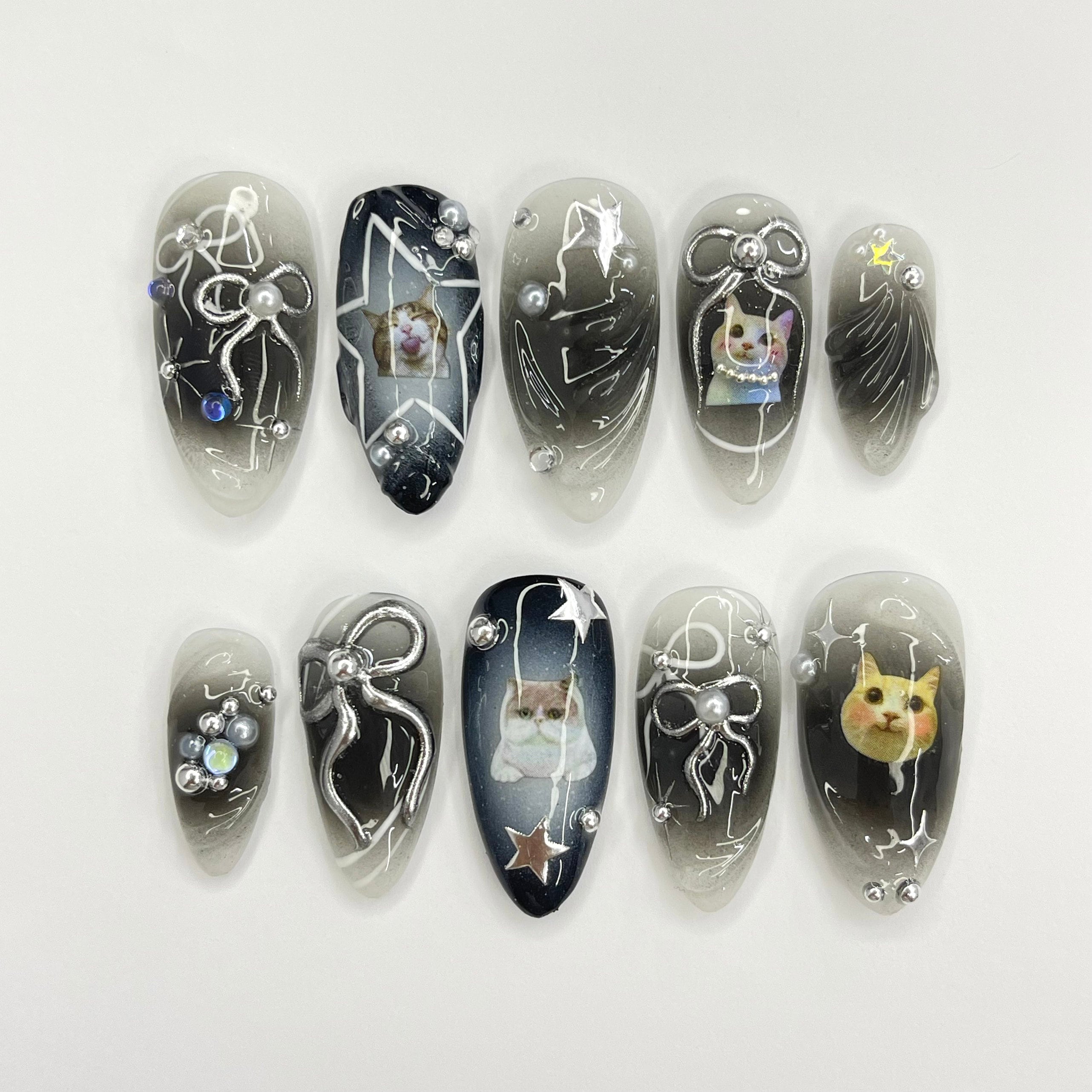 Black Cat Aura Medium Almond Press On Nails, 3D Gel Fairycore Fake Nails, Dreamy Nails for Birthday Vacation Holiday