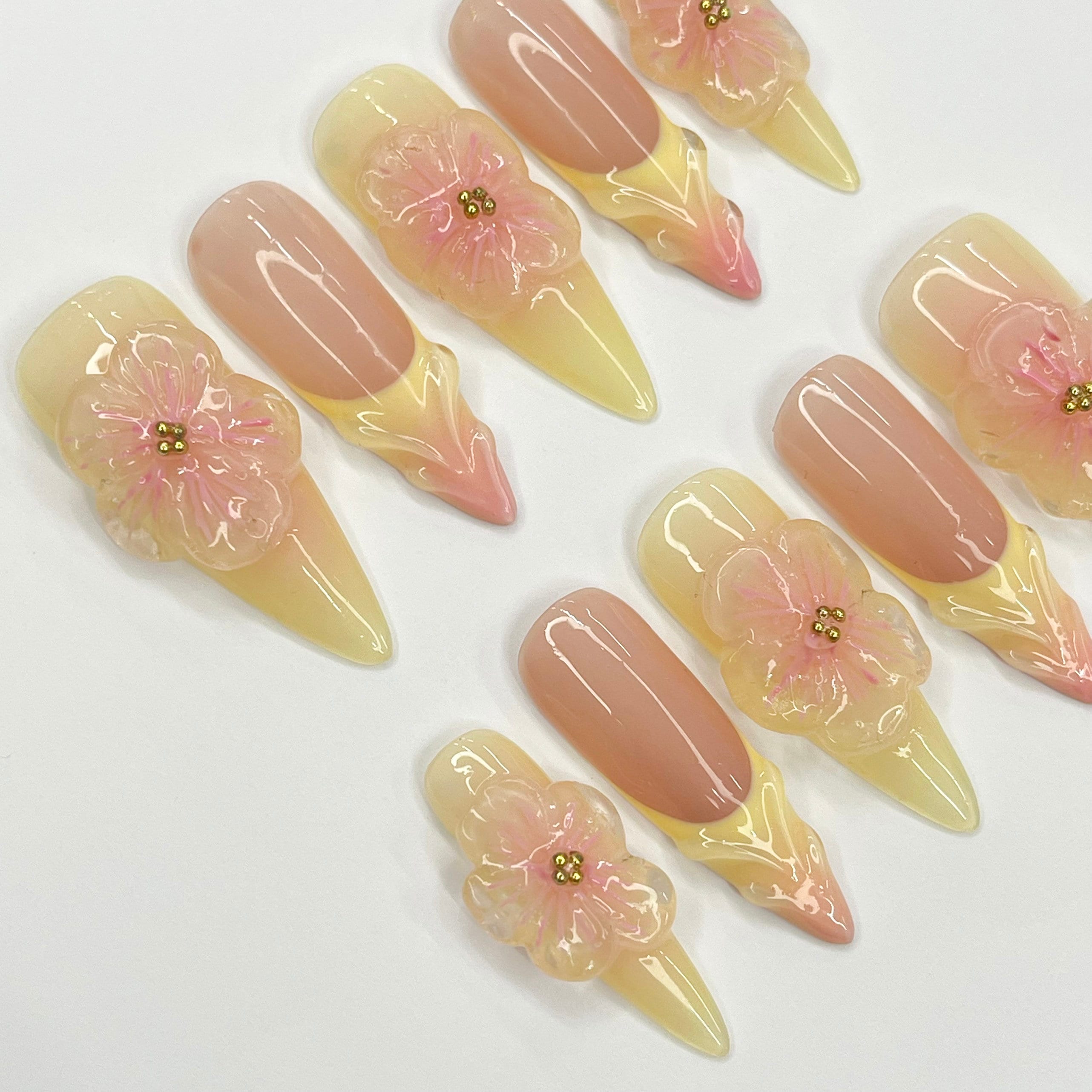 Fairy Dream Flower Garden Long Almond Press On Nails, 3D Gel Fairycore Fake Nails, Dreamy Nails for Birthday Vacation Holiday