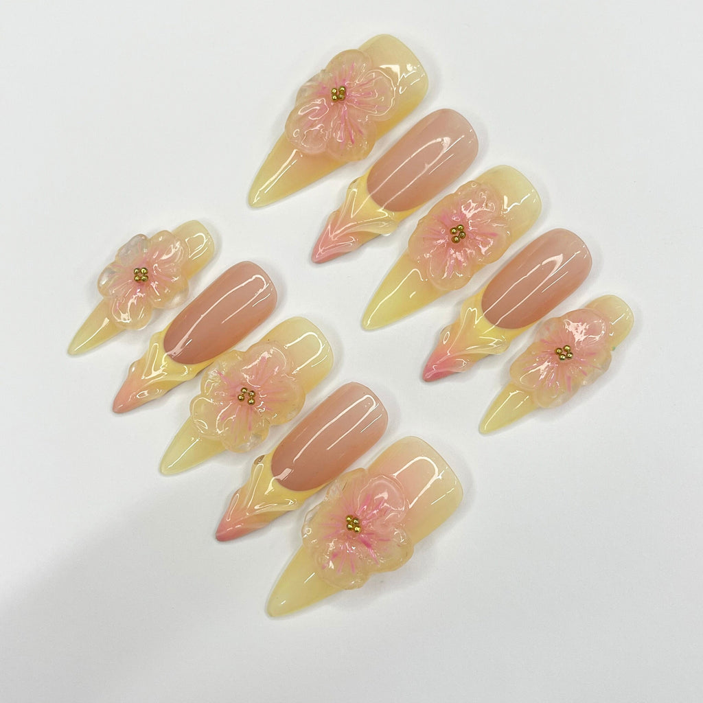 Fairy Dream Flower Garden Long Almond Press On Nails, 3D Gel Fairycore Fake Nails, Dreamy Nails for Birthday Vacation Holiday