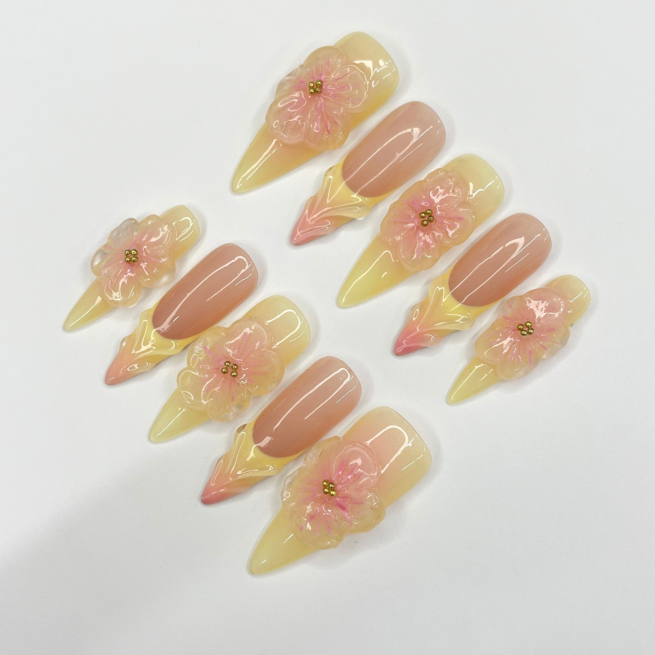 Fairy Dream Flower Garden Long Almond Press On Nails, 3D Gel Fairycore Fake Nails, Dreamy Nails for Birthday Vacation Holiday