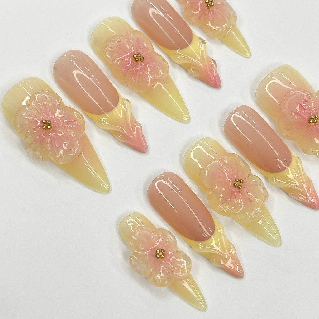 Fairy Dream Flower Garden Long Almond Press On Nails, 3D Gel Fairycore Fake Nails, Dreamy Nails for Birthday Vacation Holiday