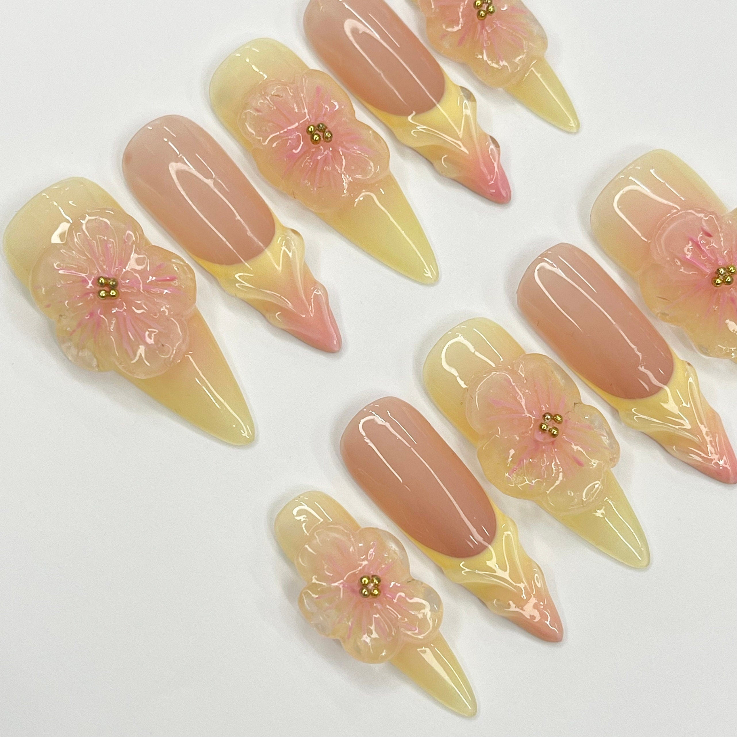 Fairy Dream Flower Garden Long Almond Press On Nails, 3D Gel Fairycore Fake Nails, Dreamy Nails for Birthday Vacation Holiday
