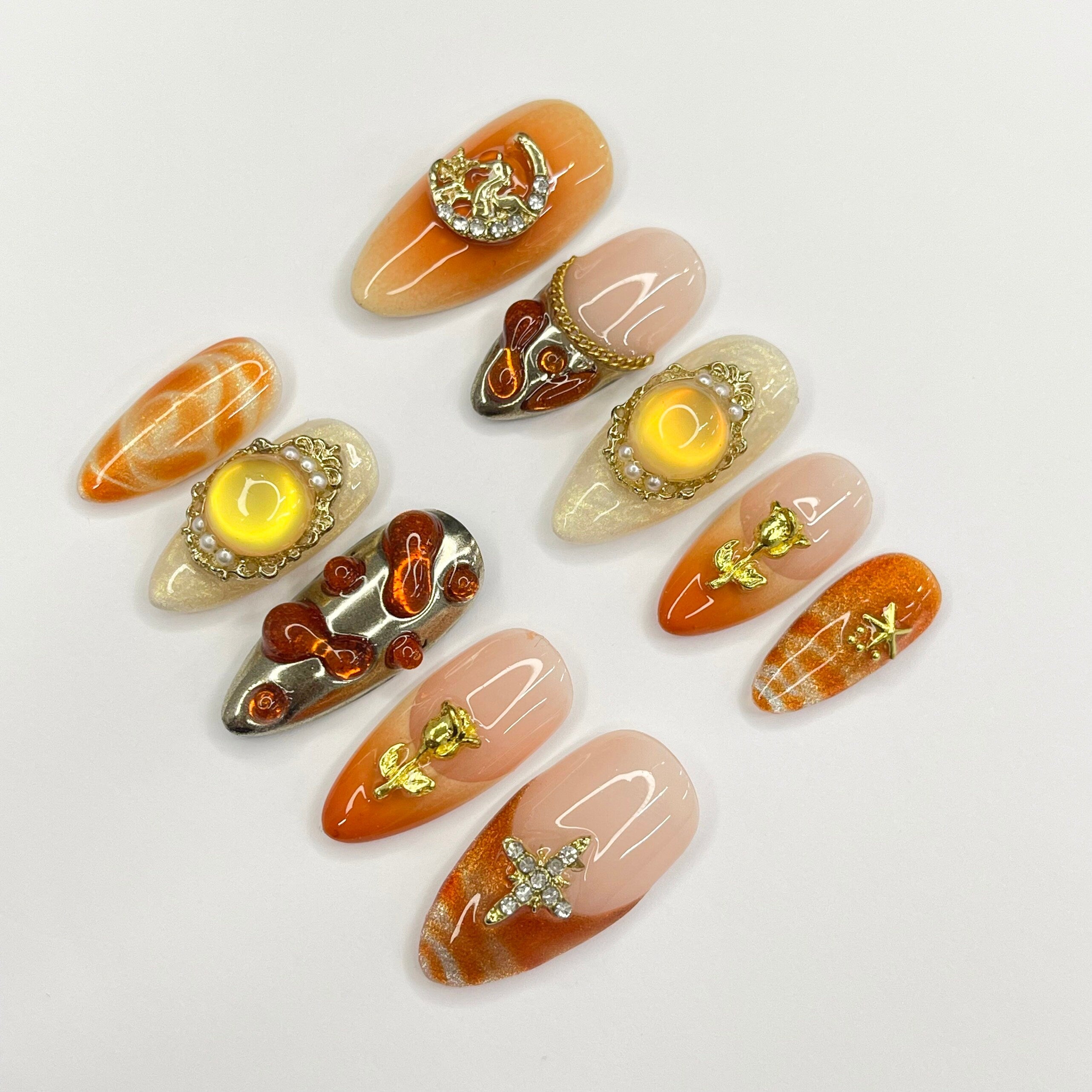 Freestyle Sunset Autumn Inspired Medium Almond Press On Nails, 3D Elegance Fake Nails, Unique Design Nails for Birthday Vacation Holiday