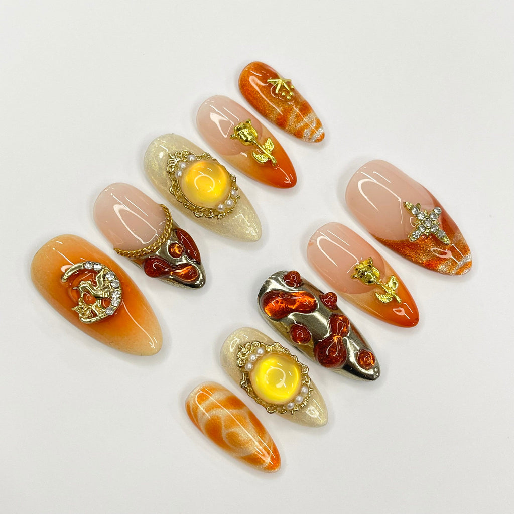 Freestyle Sunset Autumn Inspired Medium Almond Press On Nails, 3D Elegance Fake Nails, Unique Design Nails for Birthday Vacation Holiday
