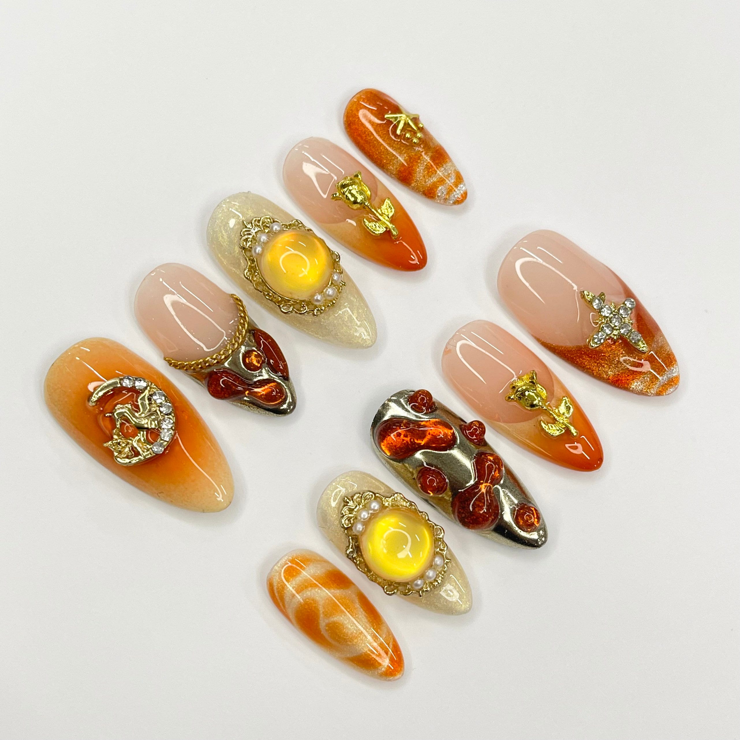 Freestyle Sunset Autumn Inspired Medium Almond Press On Nails, 3D Elegance Fake Nails, Unique Design Nails for Birthday Vacation Holiday