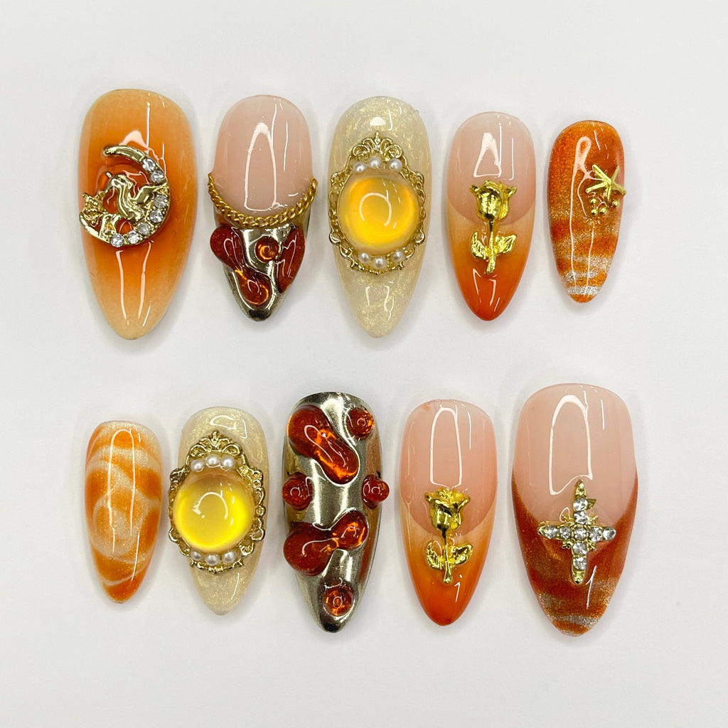 Freestyle Sunset Autumn Inspired Medium Almond Press On Nails, 3D Elegance Fake Nails, Unique Design Nails for Birthday Vacation Holiday