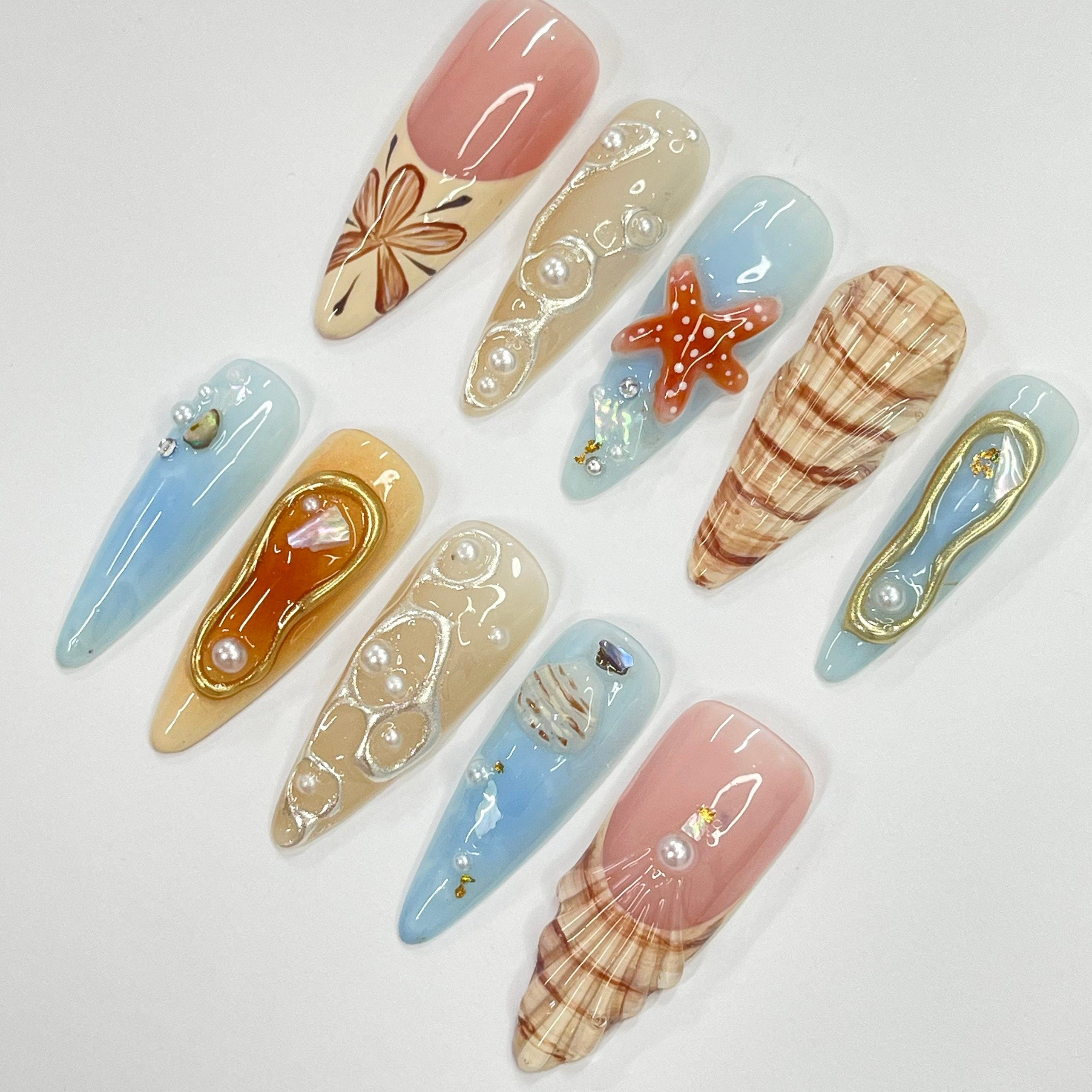 3D Seashell With Starfish Long Almond Press On Nails, Summer Fake/False Nail, Unique Design Nail for Summer Holiday Vacation Event