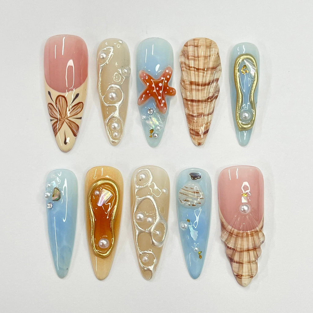 3D Seashell With Starfish Long Almond Press On Nails, Summer Fake/False Nail, Unique Design Nail for Summer Holiday Vacation Event
