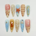 3D Seashell With Starfish Long Almond Press On Nails, Summer Fake/False Nail, Unique Design Nail for Summer Holiday Vacation Event