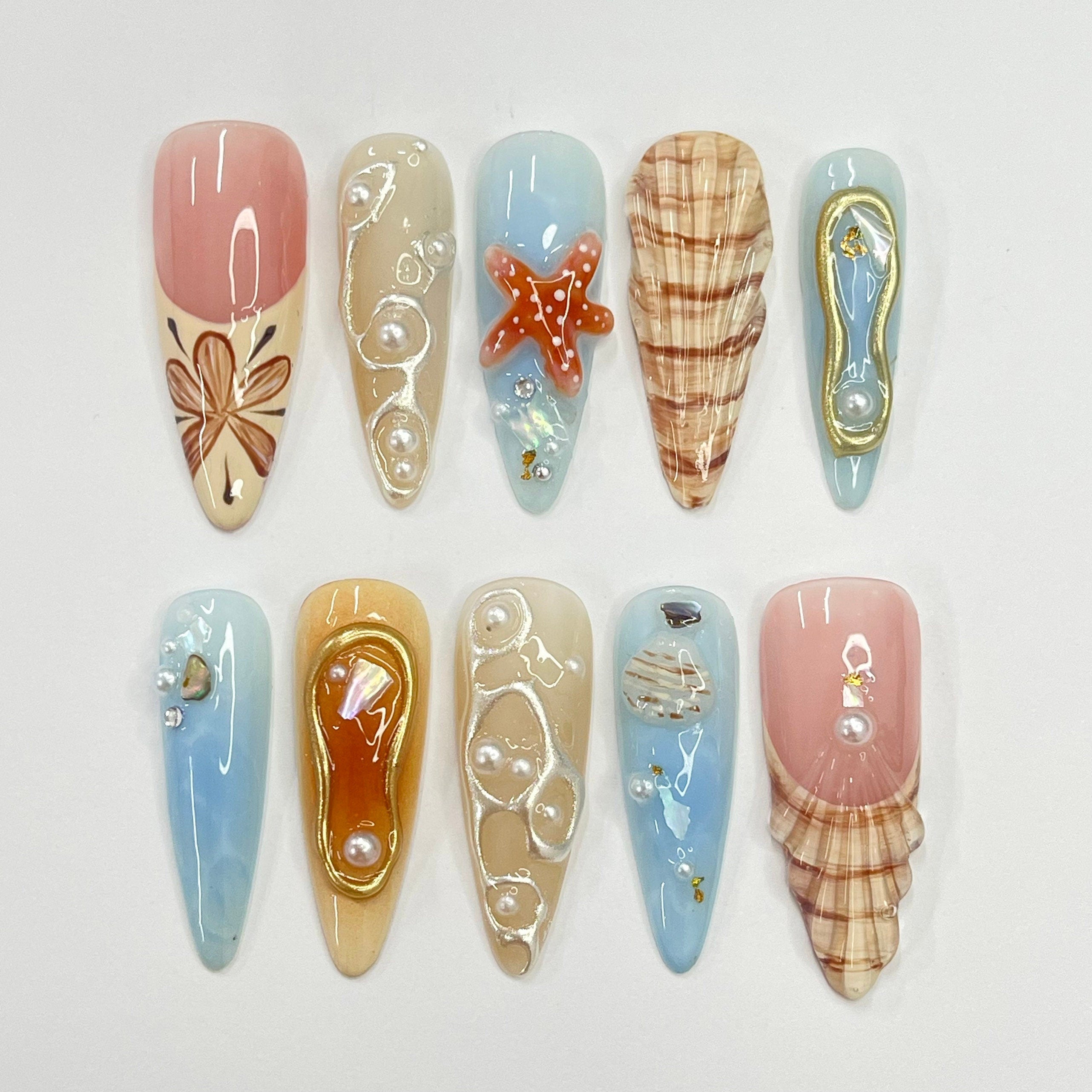 3D Seashell With Starfish Long Almond Press On Nails, Summer Fake/False Nail, Unique Design Nail for Summer Holiday Vacation Event