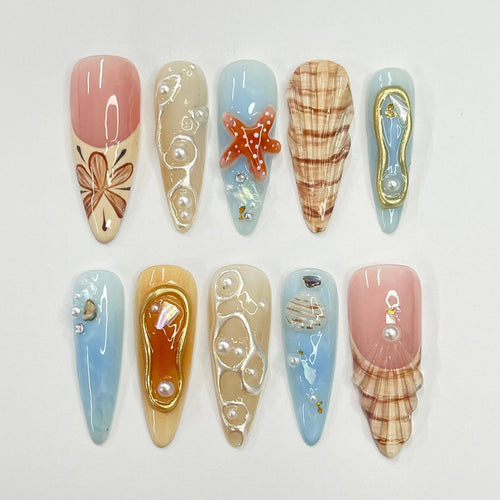 3D Seashell With Starfish Long Almond Press On Nails, Summer Fake/False Nail, Unique Design Nail for Summer Holiday Vacation Event